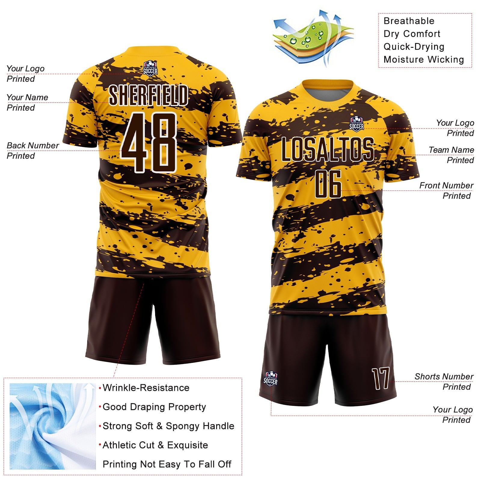 Custom Gold Brown-White Splash Sublimation Soccer Uniform Jersey view 4