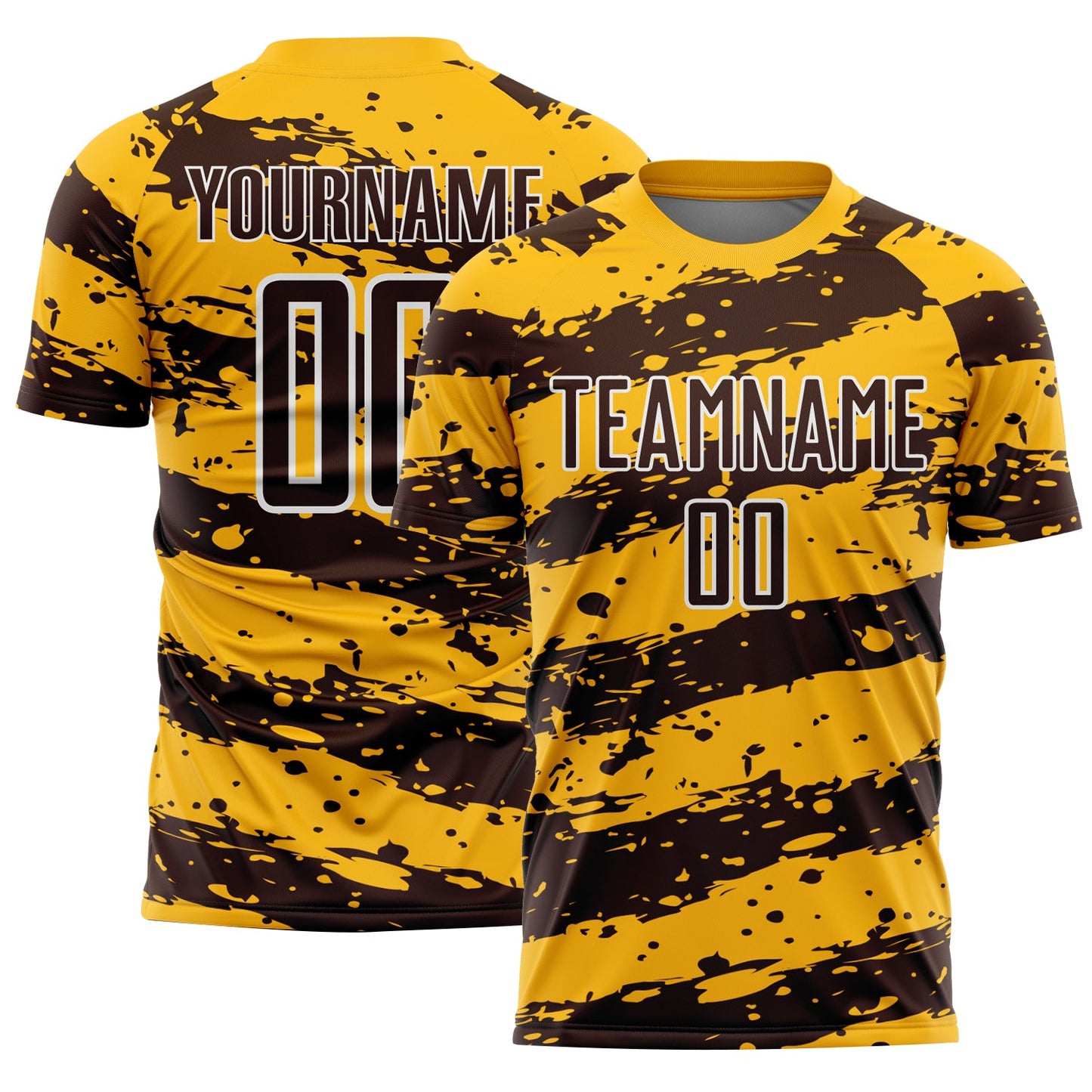 Custom Gold Brown-White Splash Sublimation Soccer Uniform Jersey - Main View