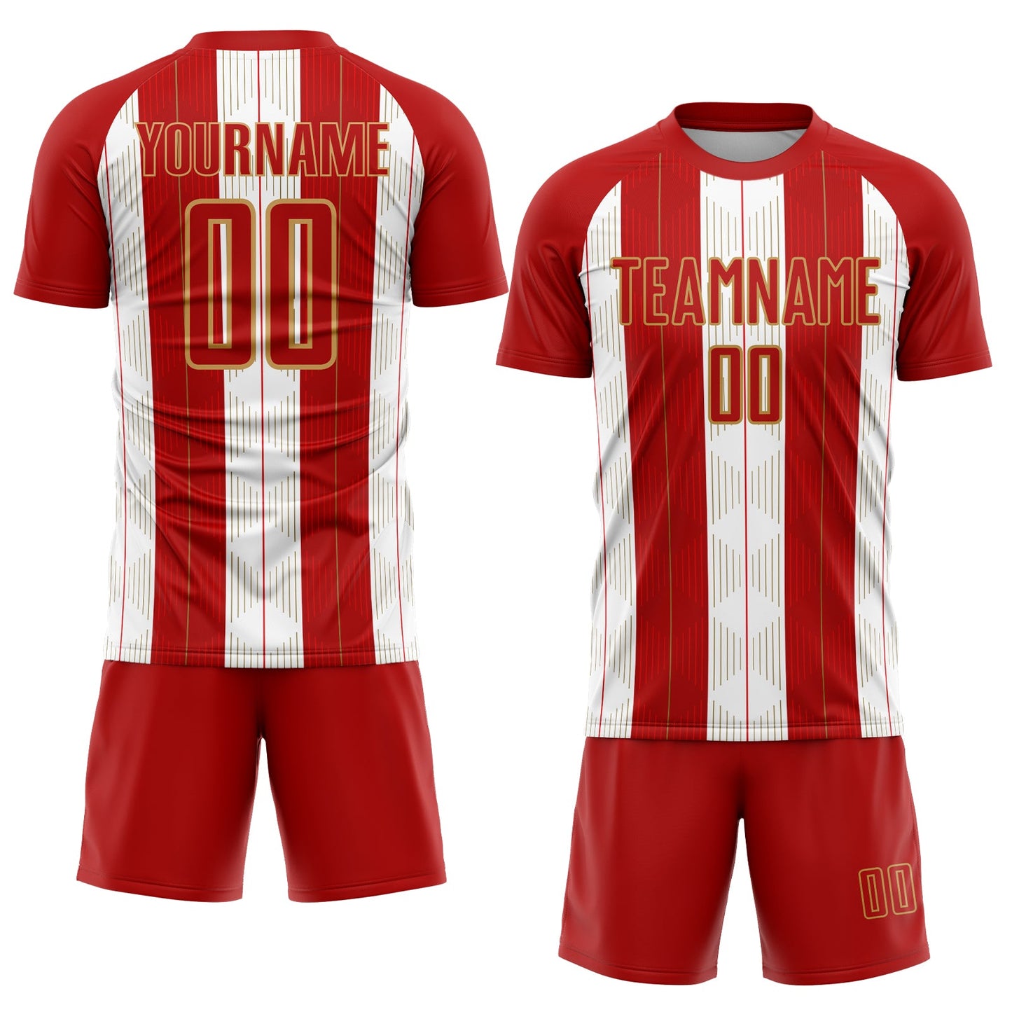 Custom Red Old Gold-White Line Sublimation Soccer Uniform Jersey view 2
