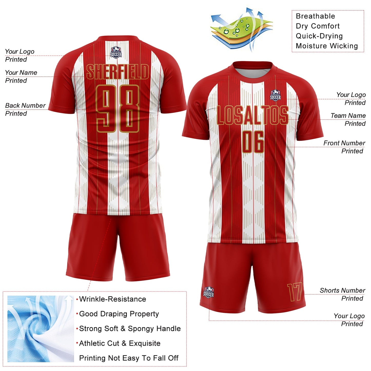 Custom Red Old Gold-White Line Sublimation Soccer Uniform Jersey view 4