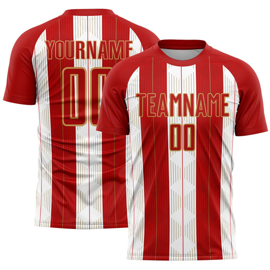 Custom Red Old Gold-White Line Sublimation Soccer Uniform Jersey - Main View