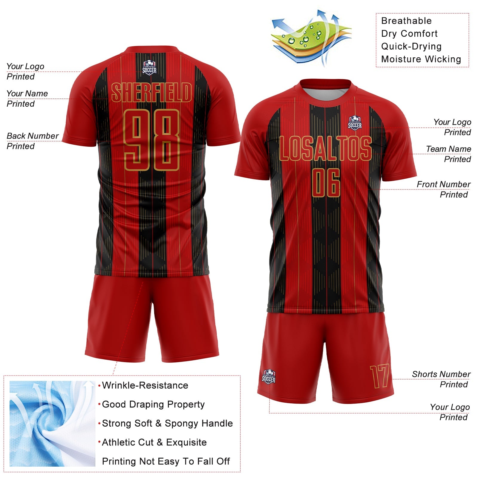 Custom Red Old Gold-Black Line Sublimation Soccer Uniform Jersey view 4