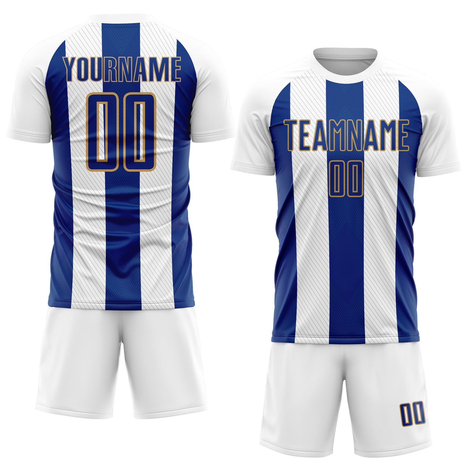 Custom White Royal-Old Gold Line Sublimation Soccer Uniform Jersey view 2
