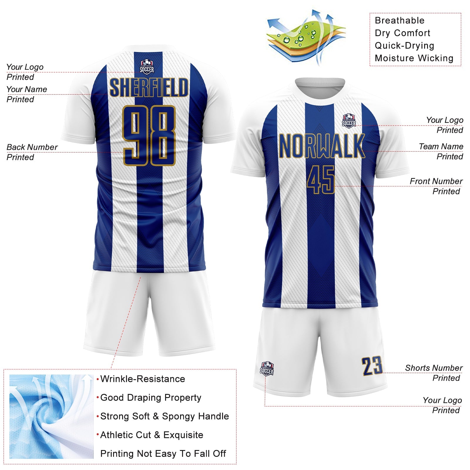Custom White Royal-Old Gold Line Sublimation Soccer Uniform Jersey view 4