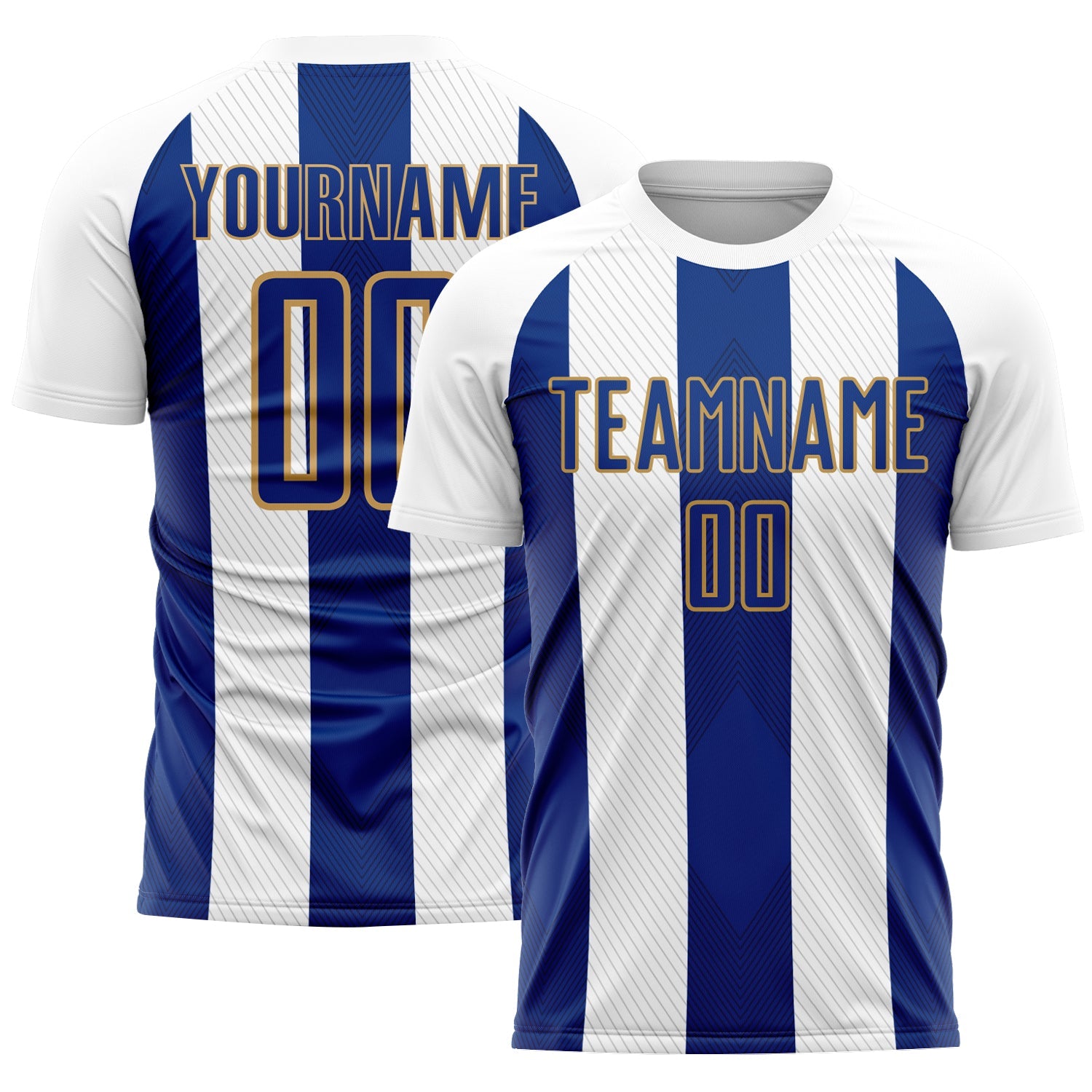 Custom White Royal-Old Gold Line Sublimation Soccer Uniform Jersey - Main View