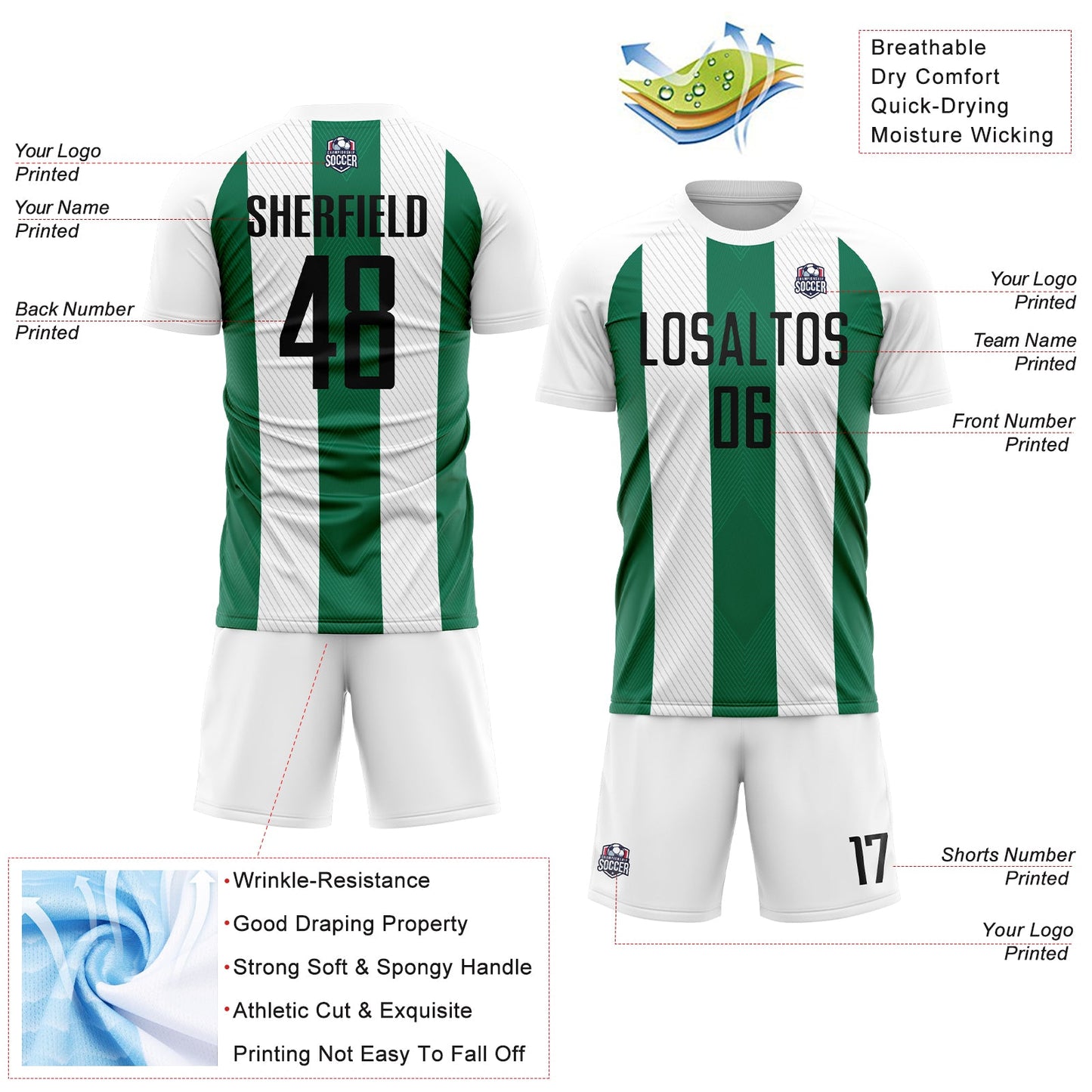 Custom White Black-Kelly Green Line Sublimation Soccer Uniform Jersey view 4