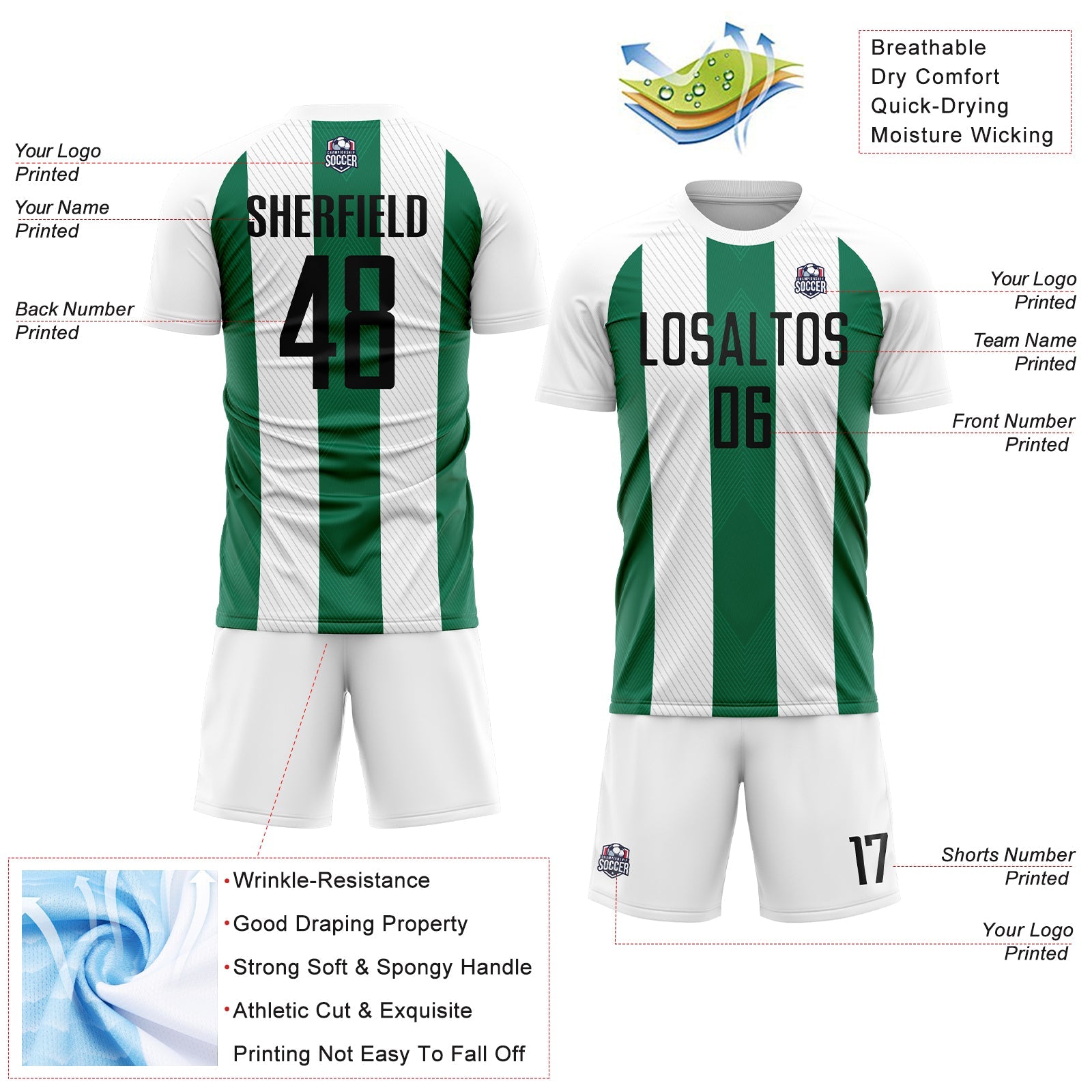 Custom White Black-Kelly Green Line Sublimation Soccer Uniform Jersey view 4