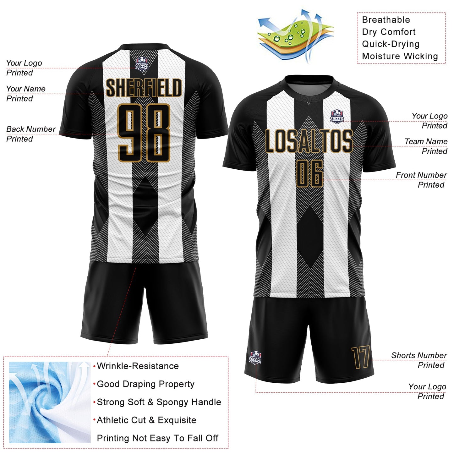 Custom Black Old Gold-White Line Sublimation Soccer Uniform Jersey view 4