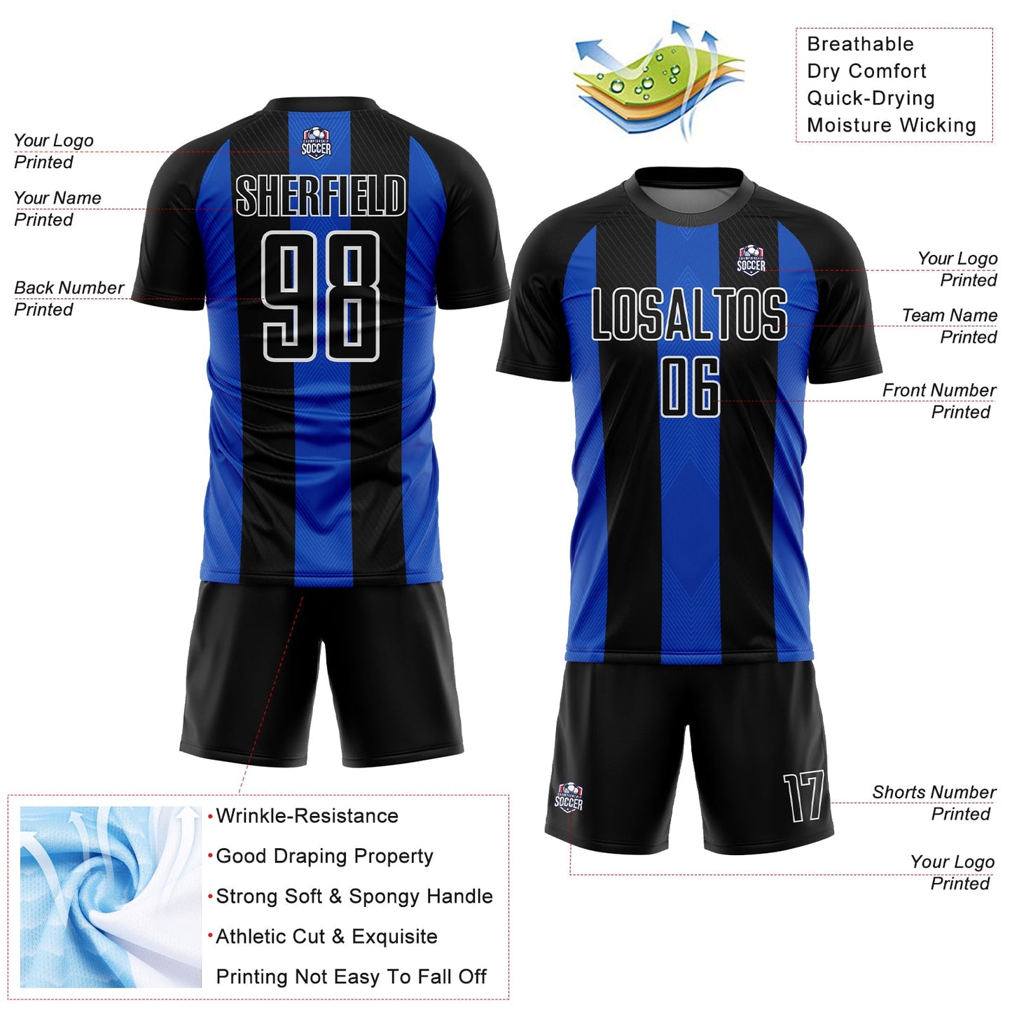 Custom Black Thunder Blue-White Line Sublimation Soccer Uniform Jersey view 4