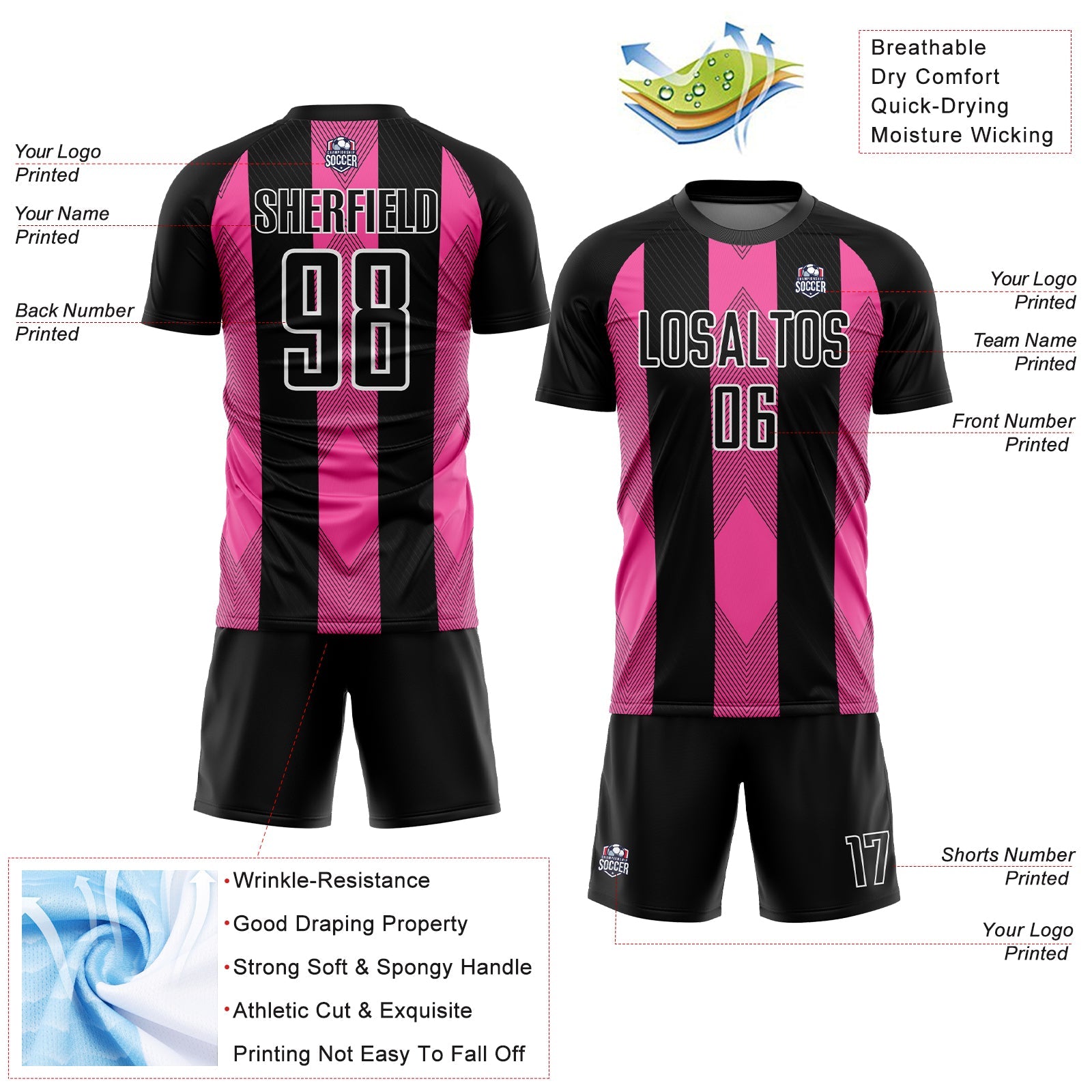 Custom Black Pink-White Line Sublimation Soccer Uniform Jersey view 4