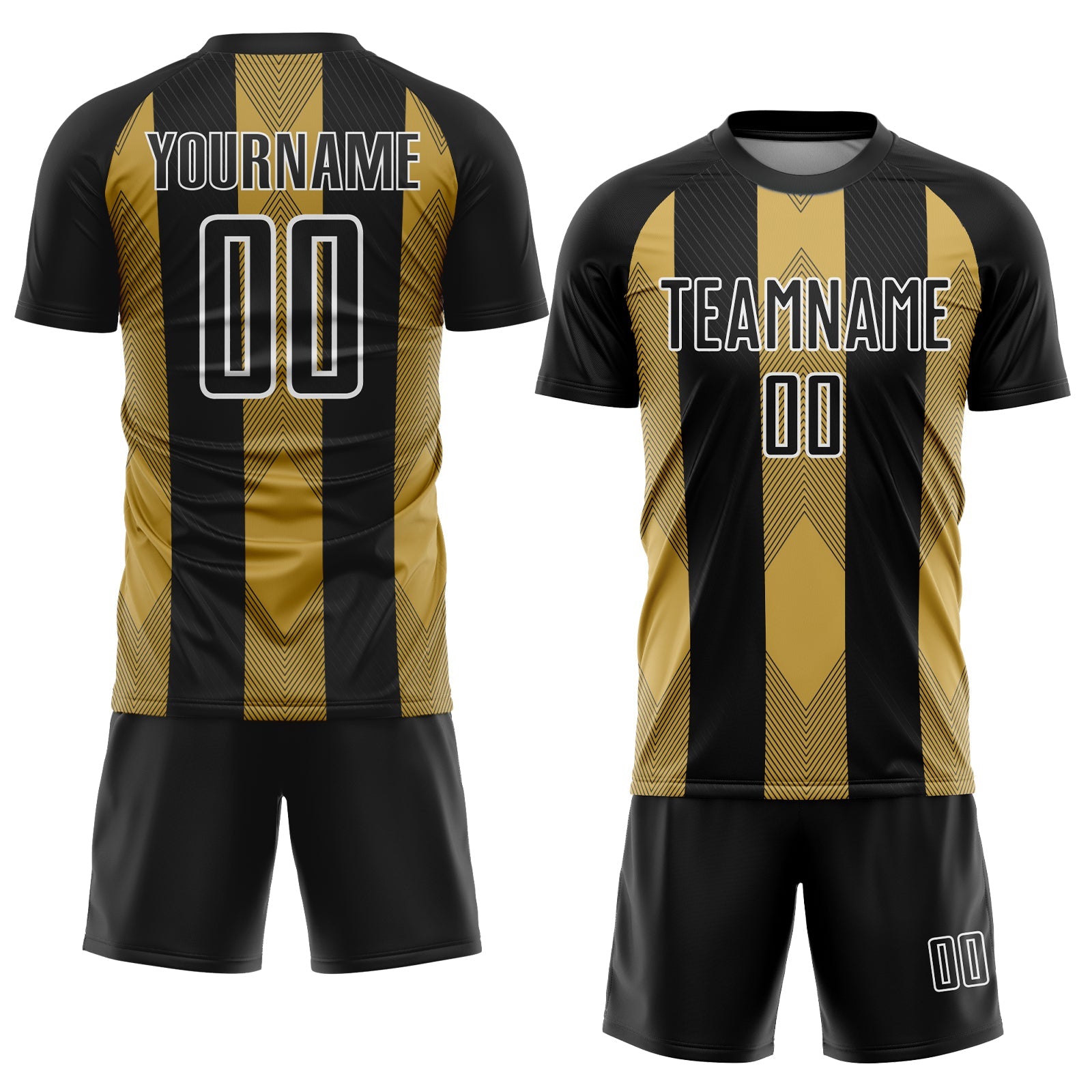 Custom Black Old Gold-White Line Sublimation Soccer Uniform Jersey view 2