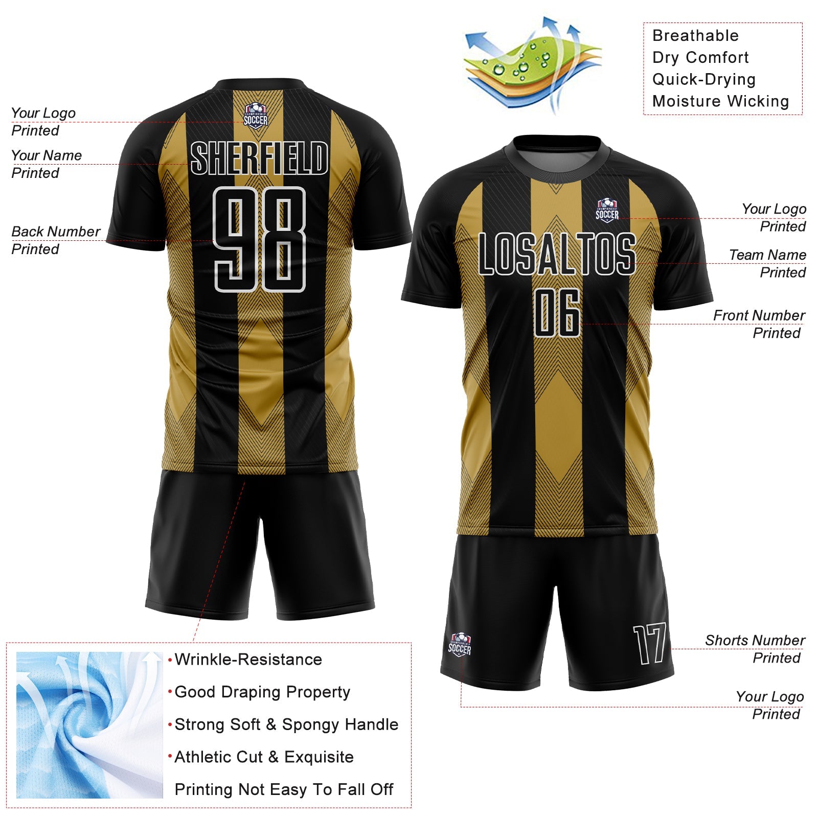 Custom Black Old Gold-White Line Sublimation Soccer Uniform Jersey view 4