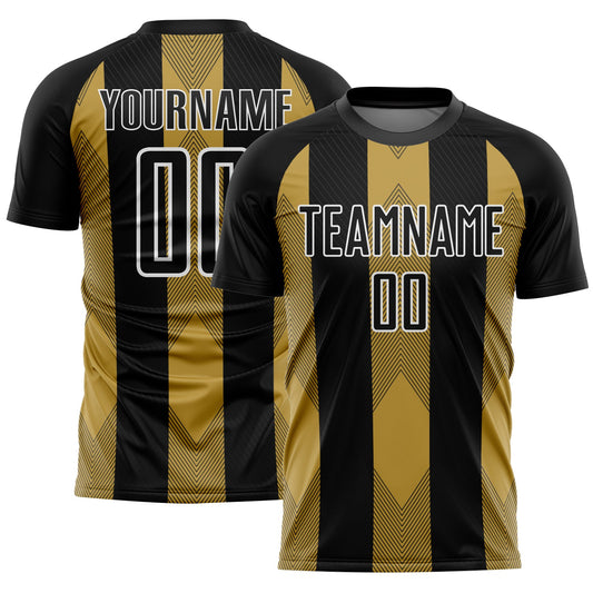 Custom Black Old Gold-White Line Sublimation Soccer Uniform Jersey - Main View