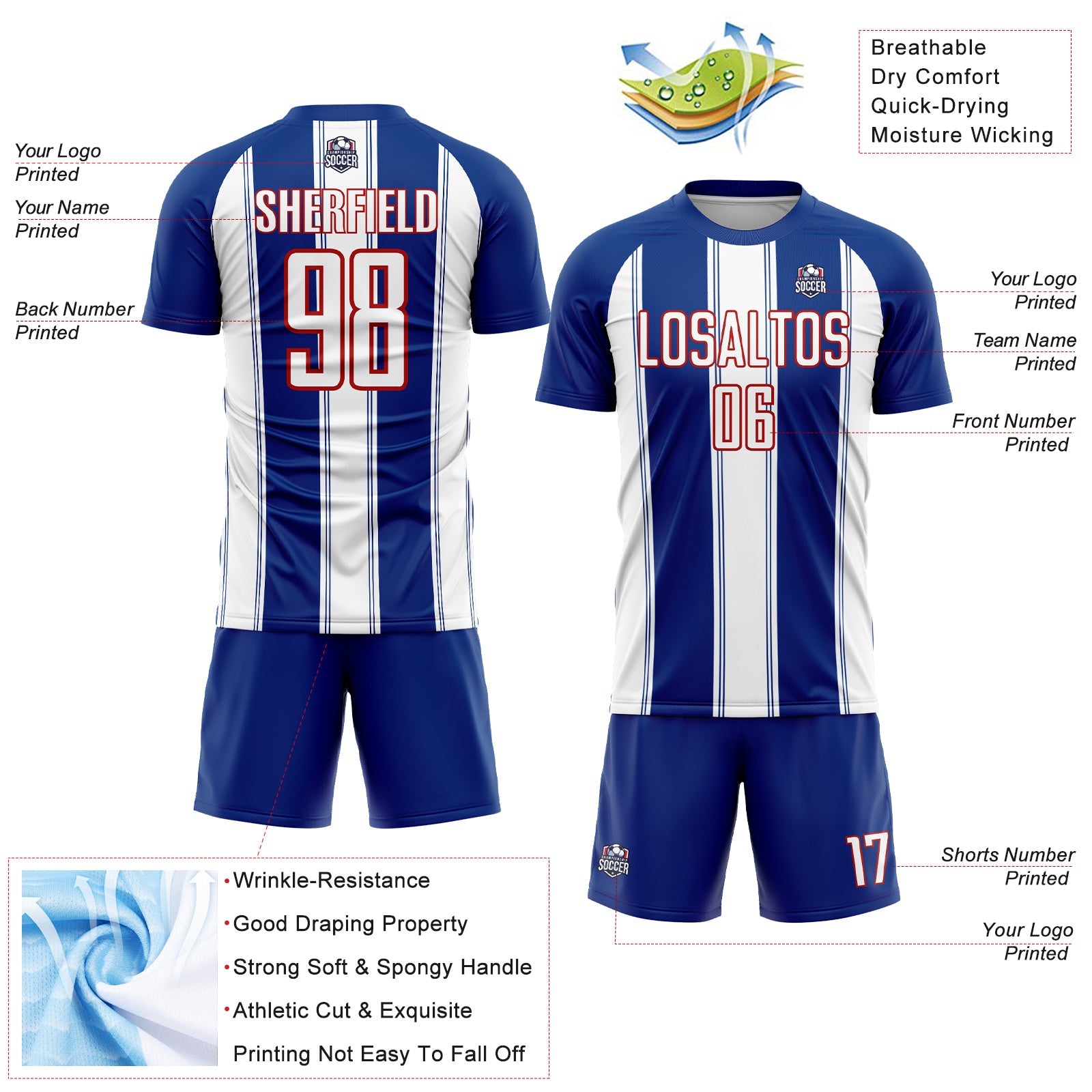Custom Royal White-Red Line Sublimation Soccer Uniform Jersey view 4