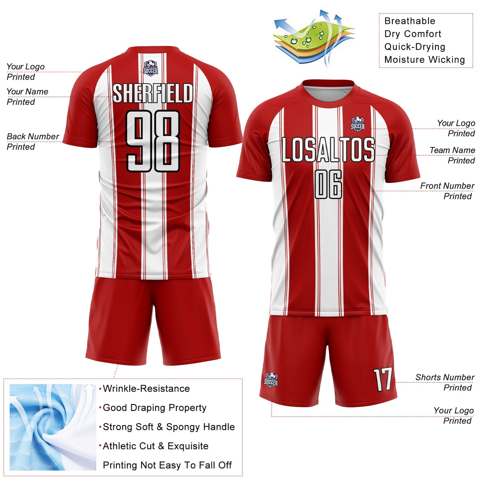 Custom Red White-Black Line Sublimation Soccer Uniform Jersey view 4