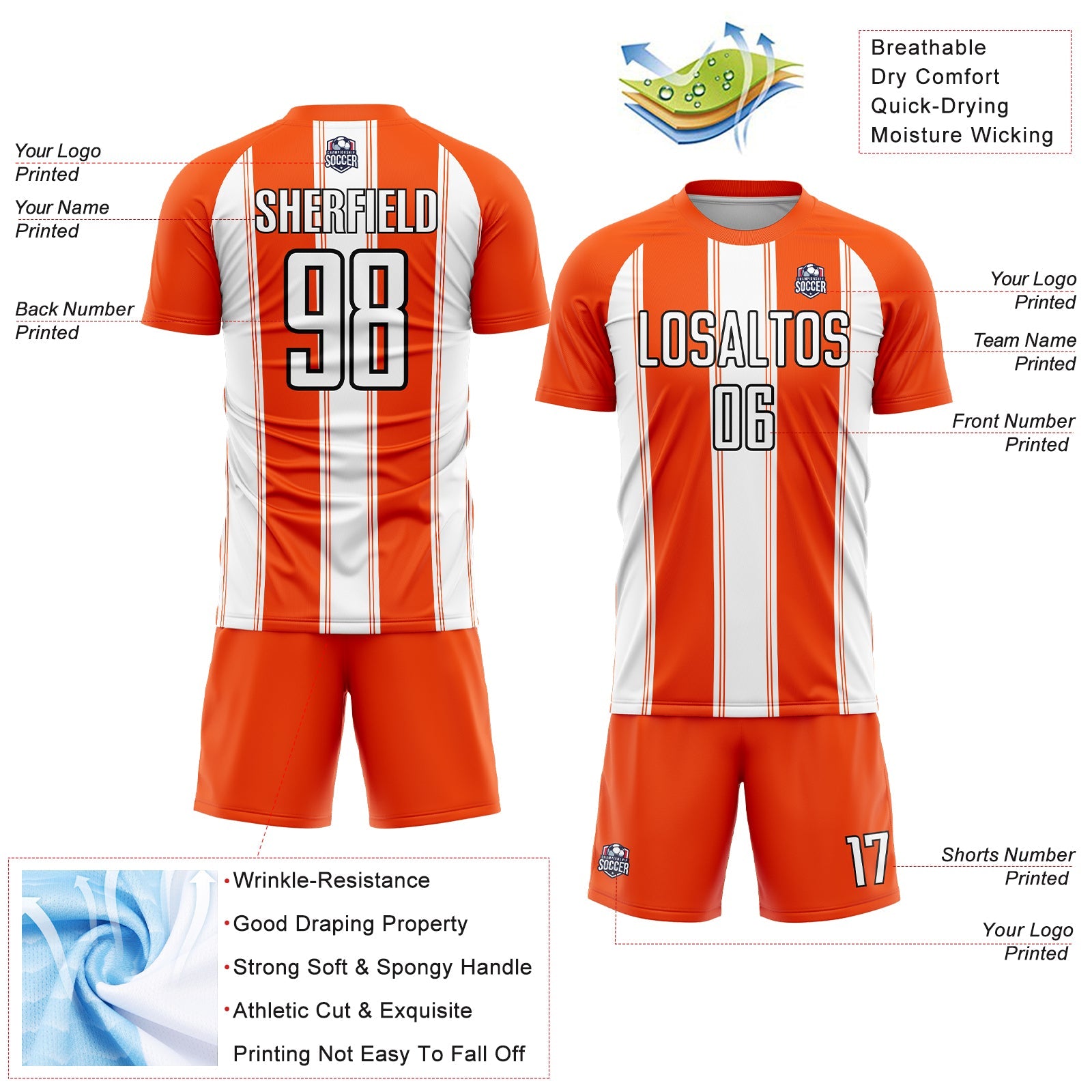 Custom Orange White-Black Line Sublimation Soccer Uniform Jersey view 4