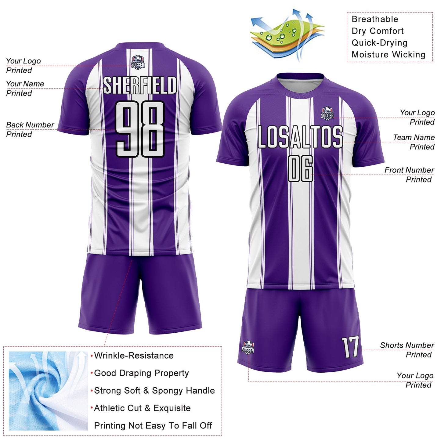 Custom Purple White-Black Line Sublimation Soccer Uniform Jersey view 4