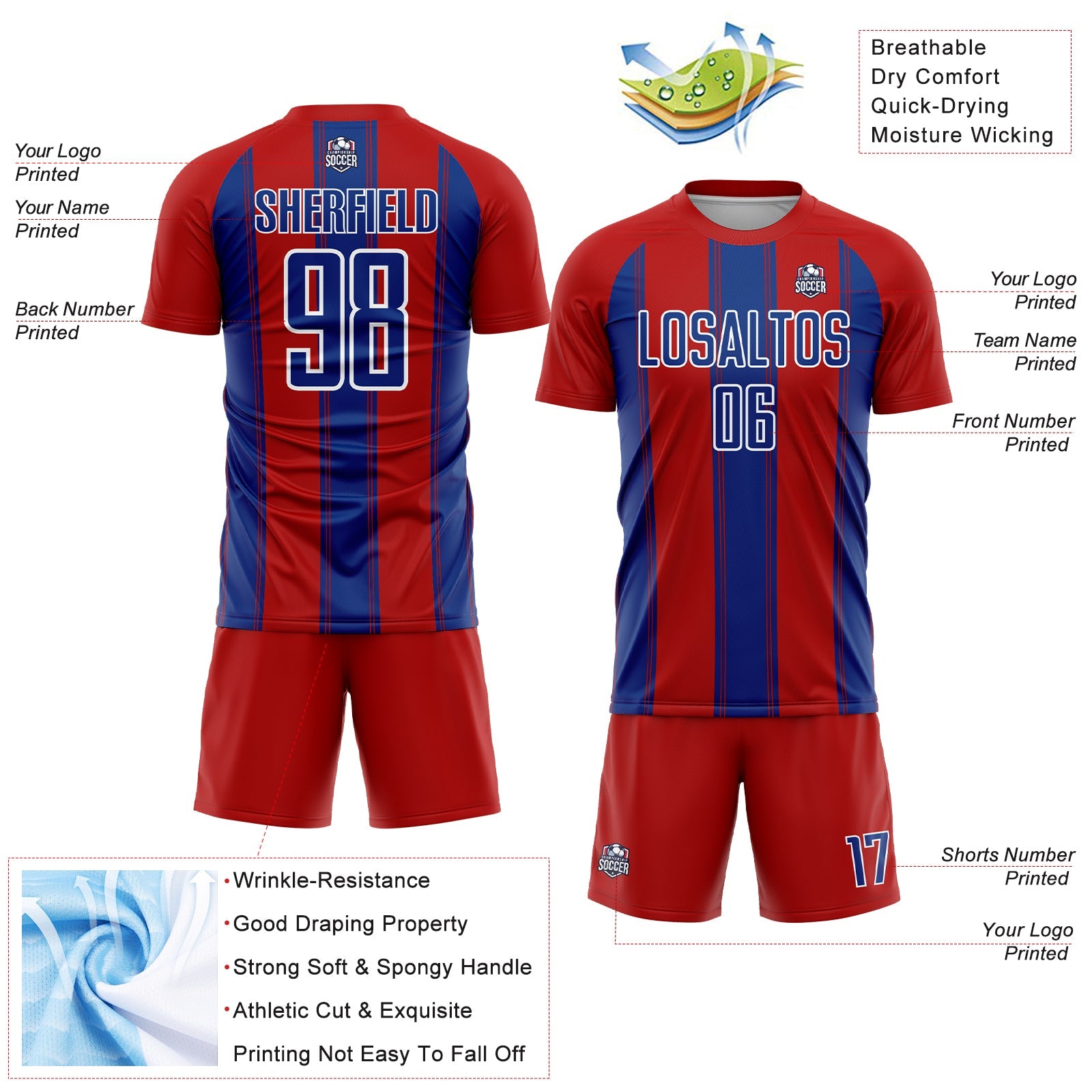 Custom Red Royal-White Line Sublimation Soccer Uniform Jersey view 4
