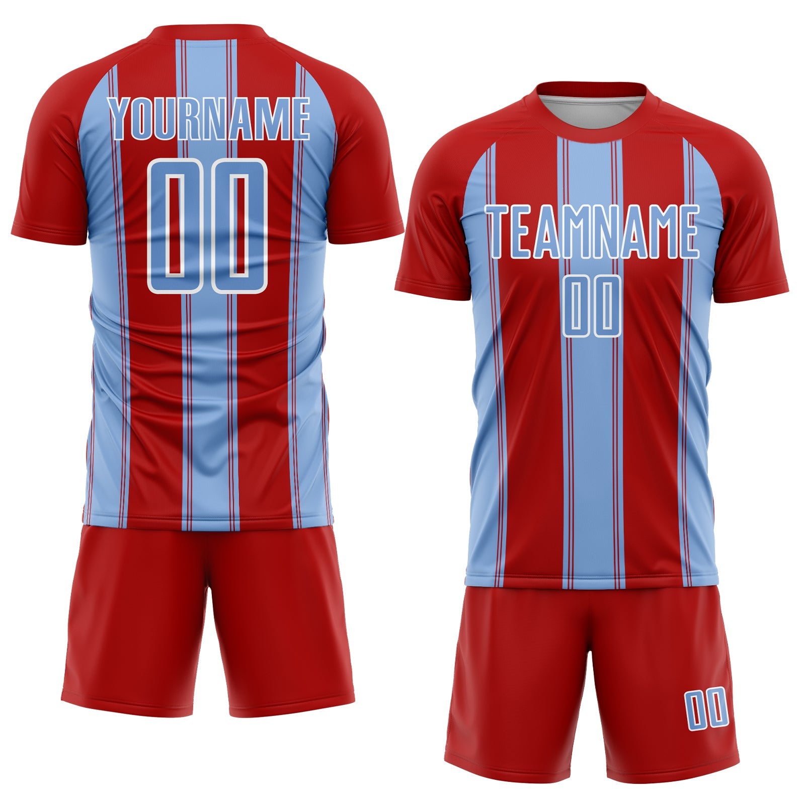 Custom Red Light Blue-White Line Sublimation Soccer Uniform Jersey view 2