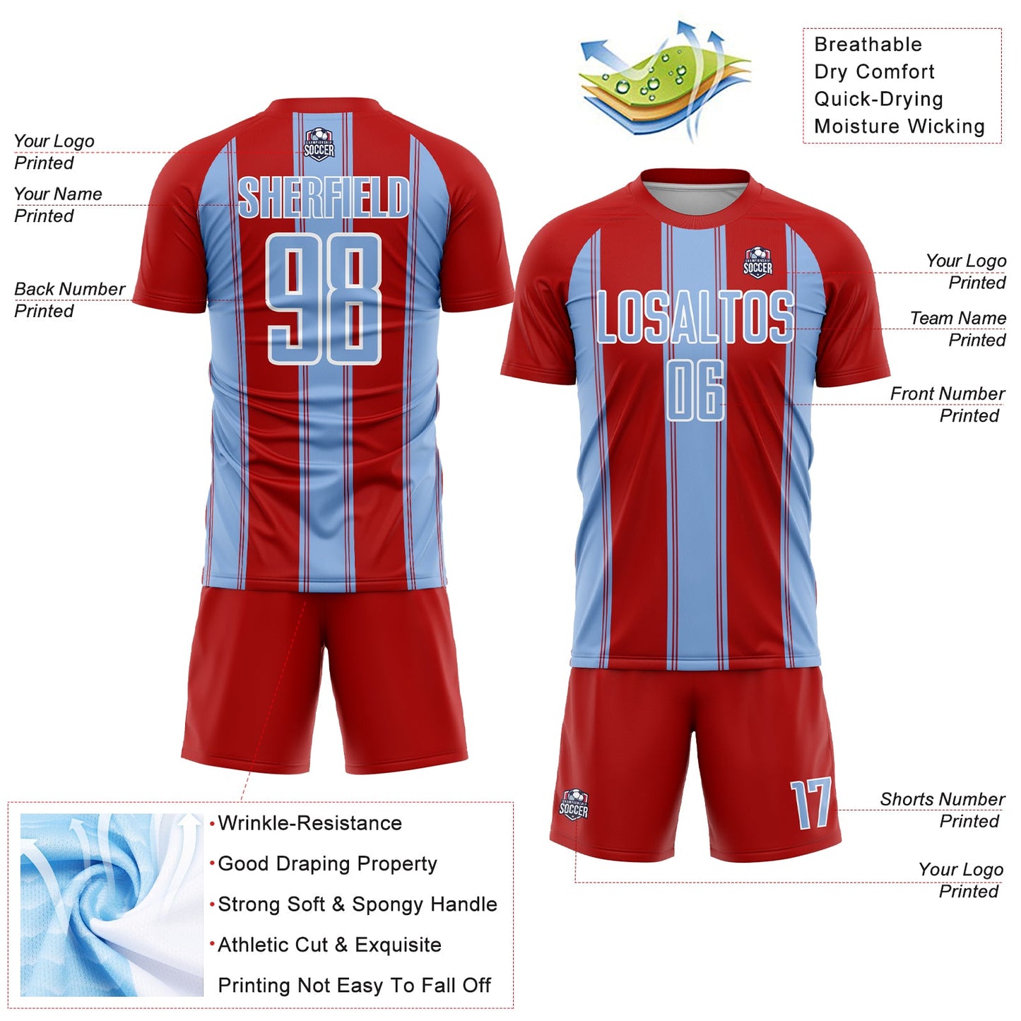 Custom Red Light Blue-White Line Sublimation Soccer Uniform Jersey view 4