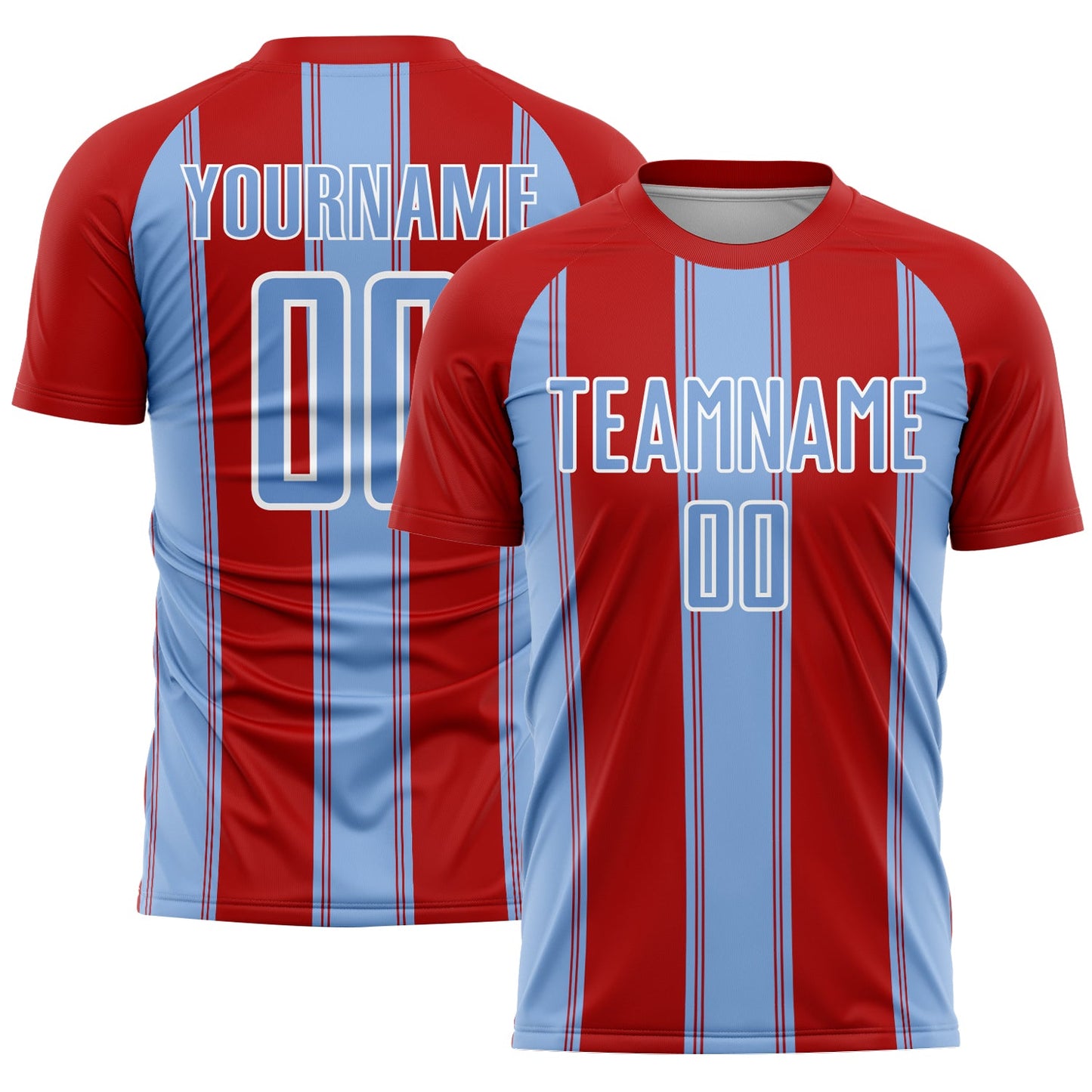 Custom Red Light Blue-White Line Sublimation Soccer Uniform Jersey - Main View