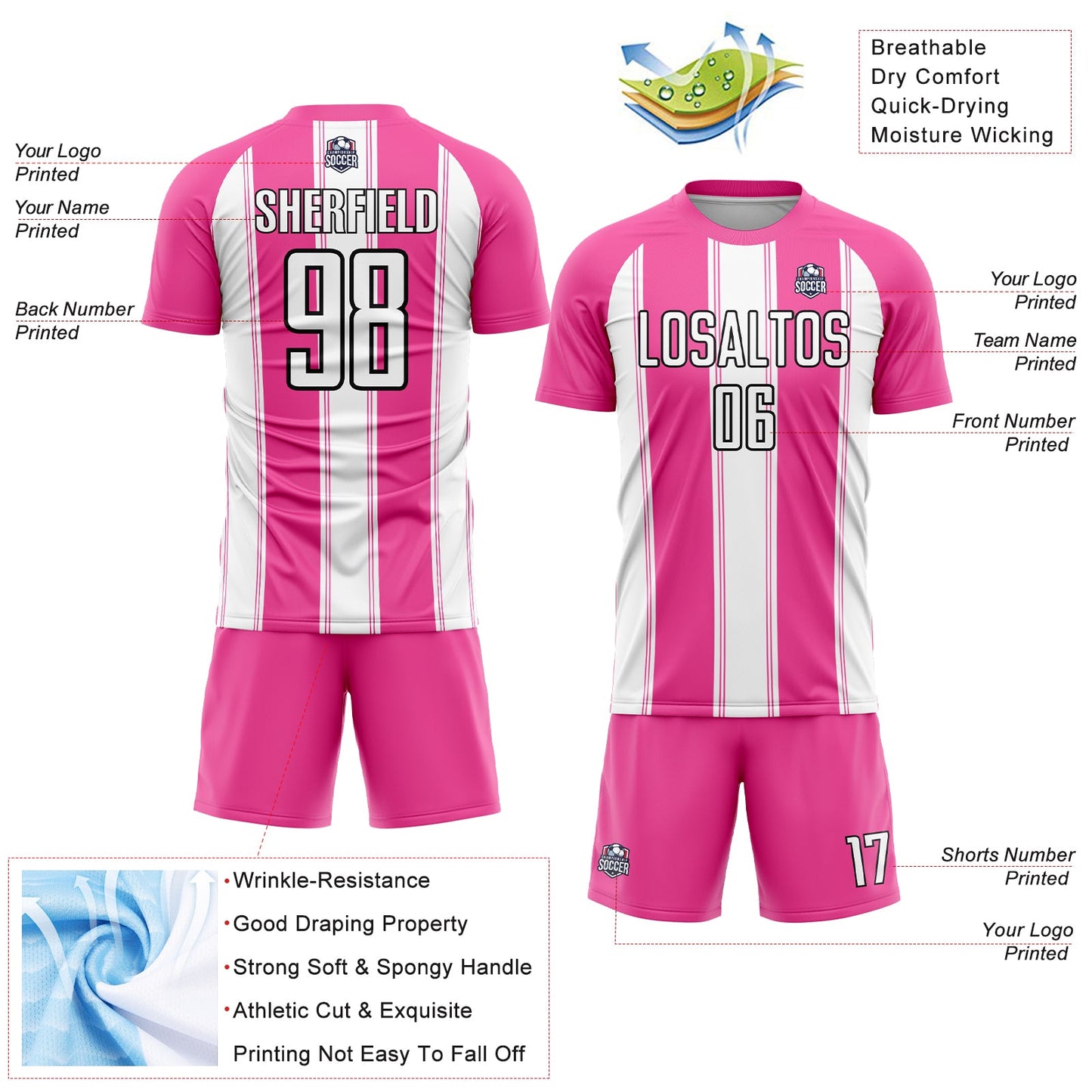 Custom Pink White-Black Line Sublimation Soccer Uniform Jersey view 4