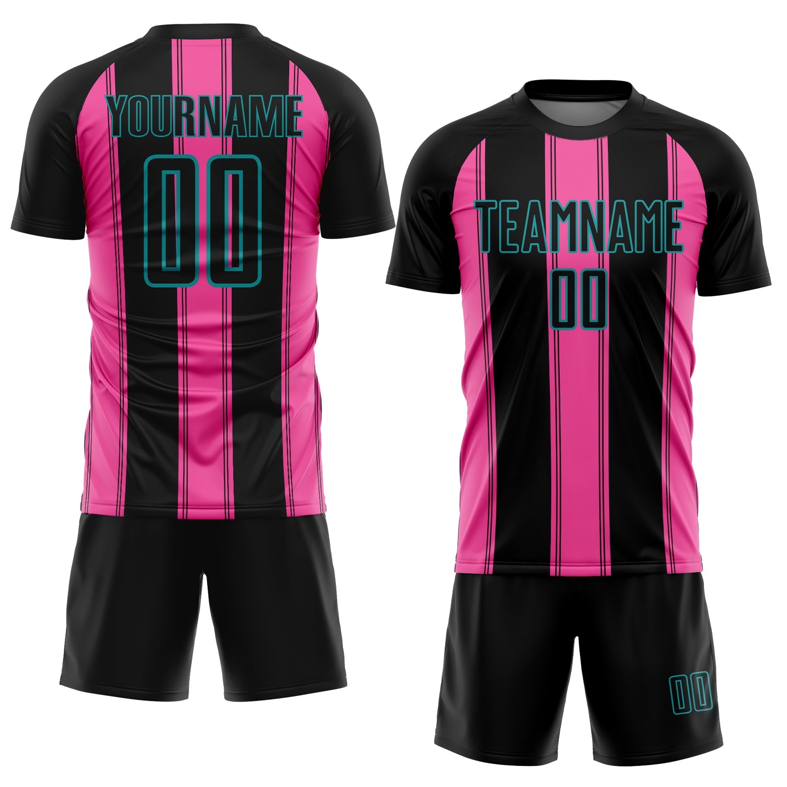 Custom Black Pink-Teal Line Sublimation Soccer Uniform Jersey view 2