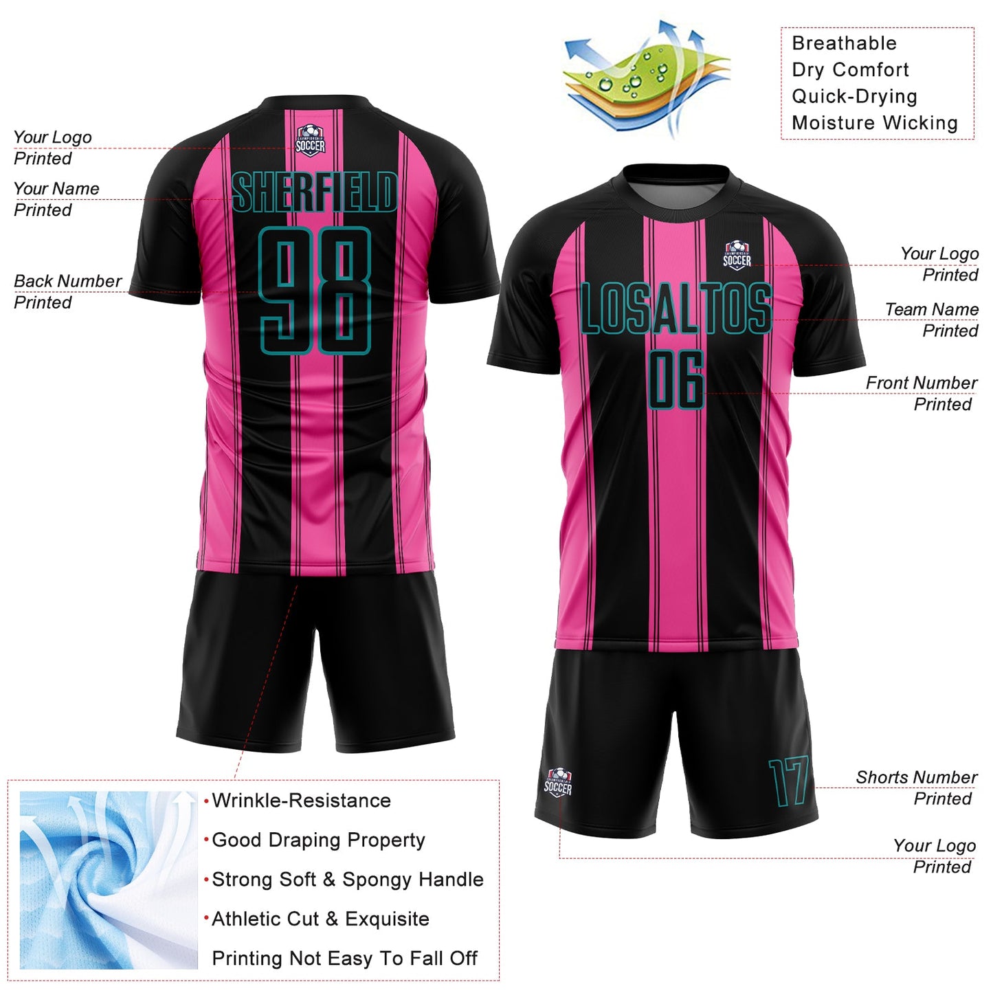 Custom Black Pink-Teal Line Sublimation Soccer Uniform Jersey view 4