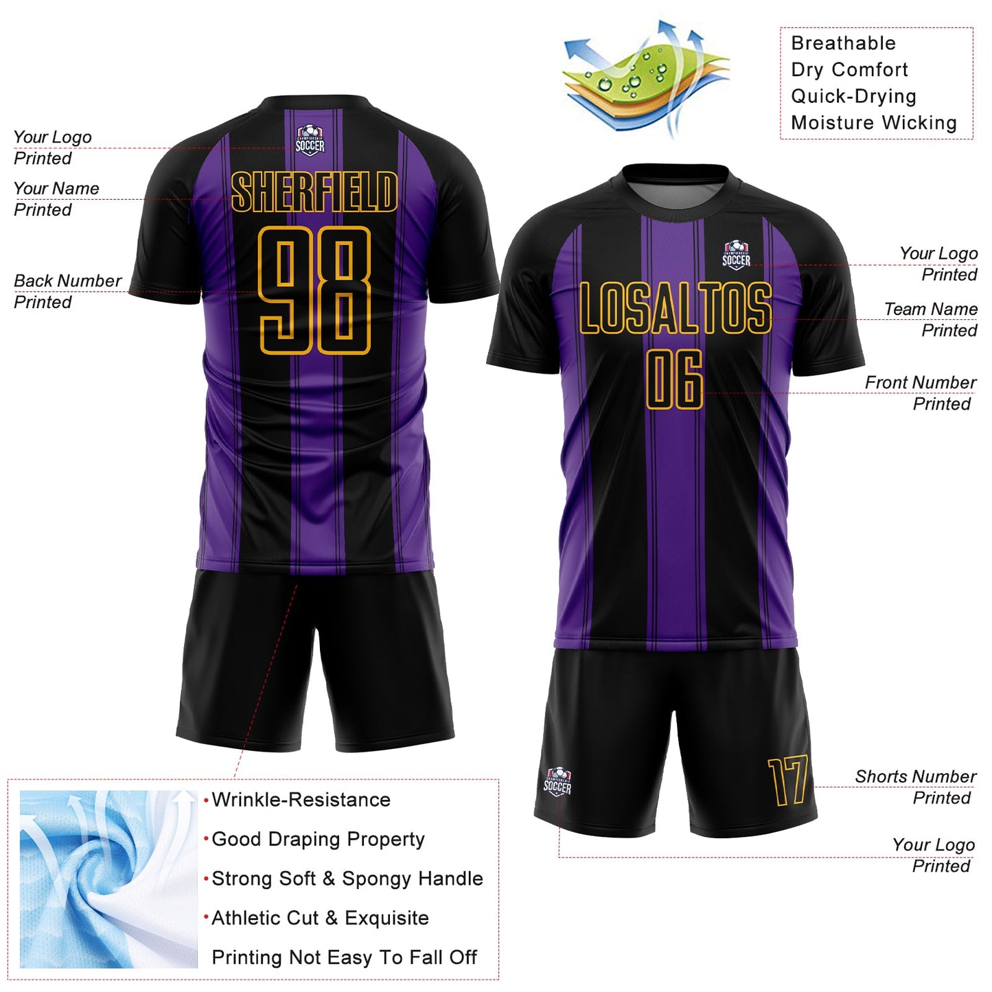Custom Black Purple-Gold Line Sublimation Soccer Uniform Jersey view 4