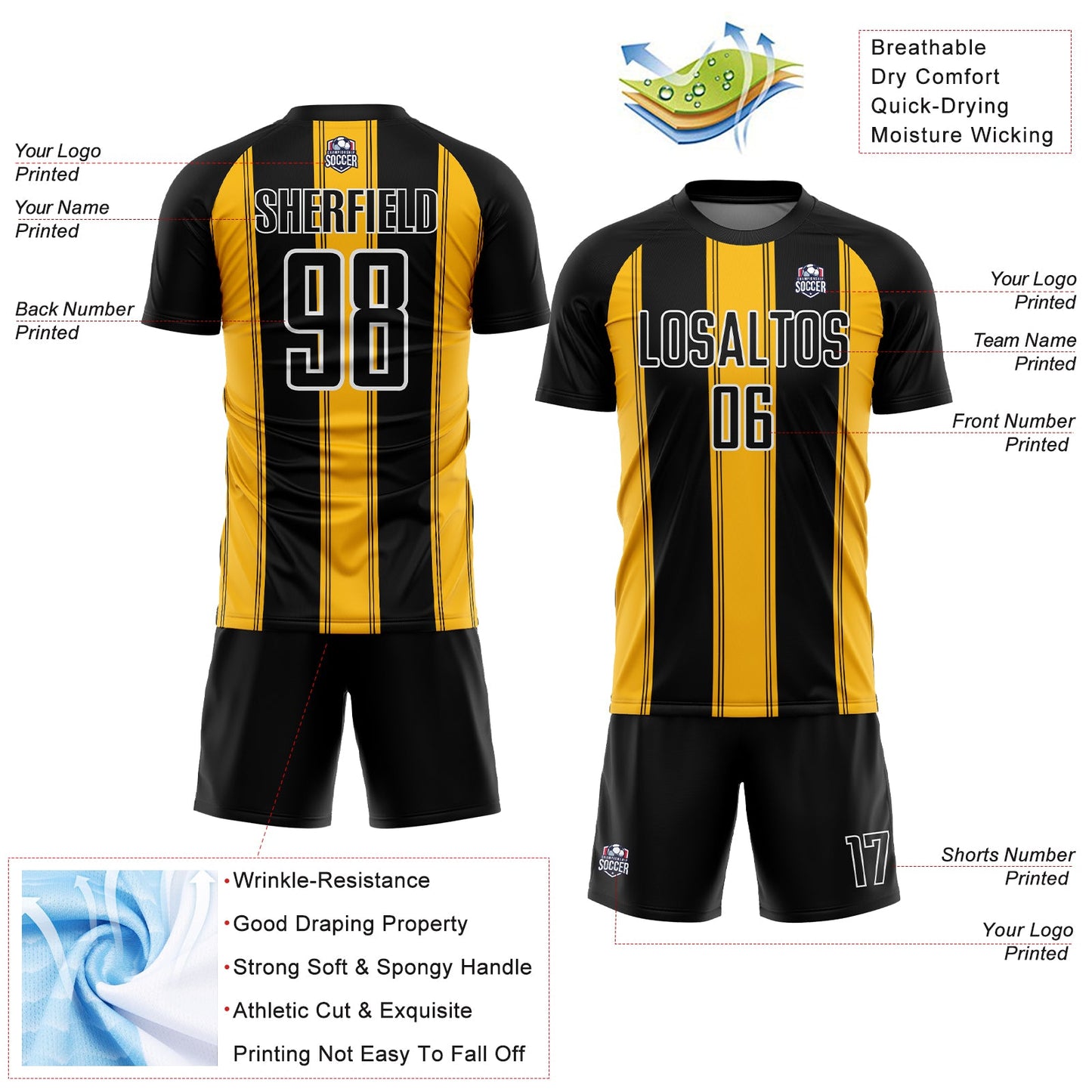Custom Black Gold-White Line Sublimation Soccer Uniform Jersey view 4