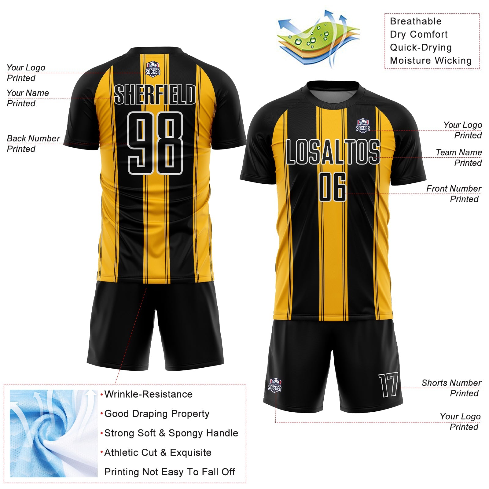 Custom Black Gold-White Line Sublimation Soccer Uniform Jersey view 4