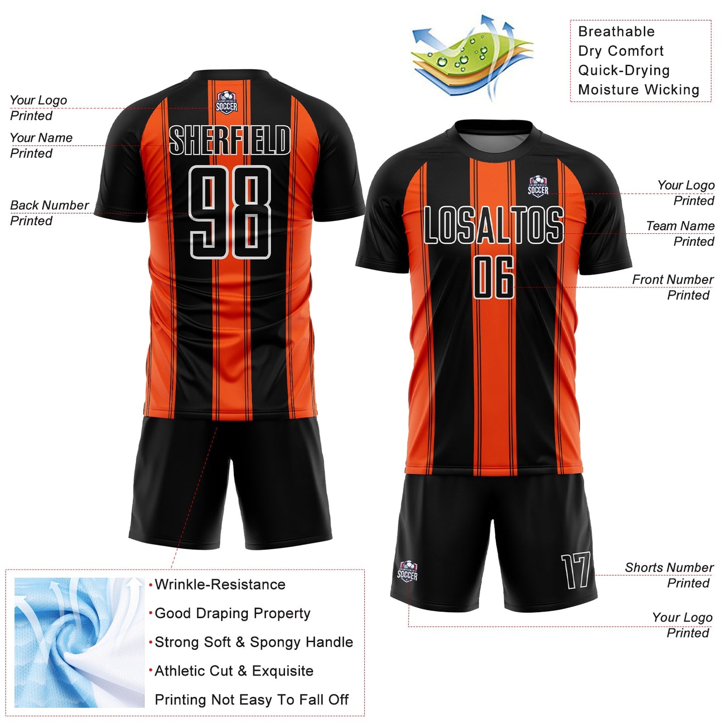 Custom Black Orange-White Line Sublimation Soccer Uniform Jersey view 4