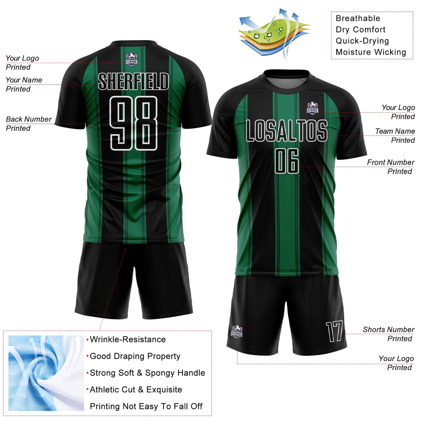 Custom Black Kelly Green-White Line Sublimation Soccer Uniform Jersey view 4