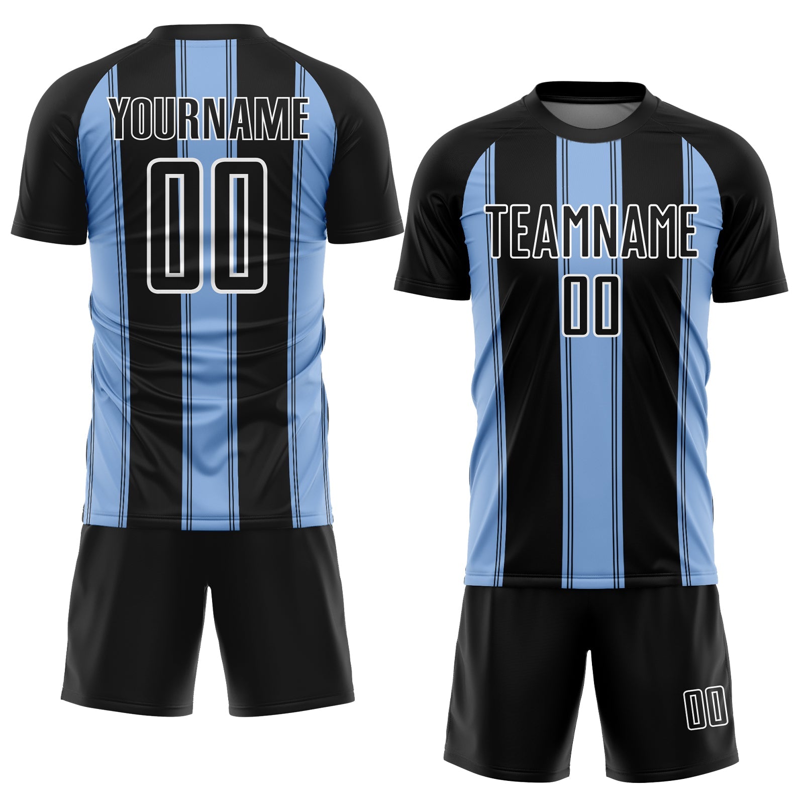 Custom Black Light Blue-White Line Sublimation Soccer Uniform Jersey view 2