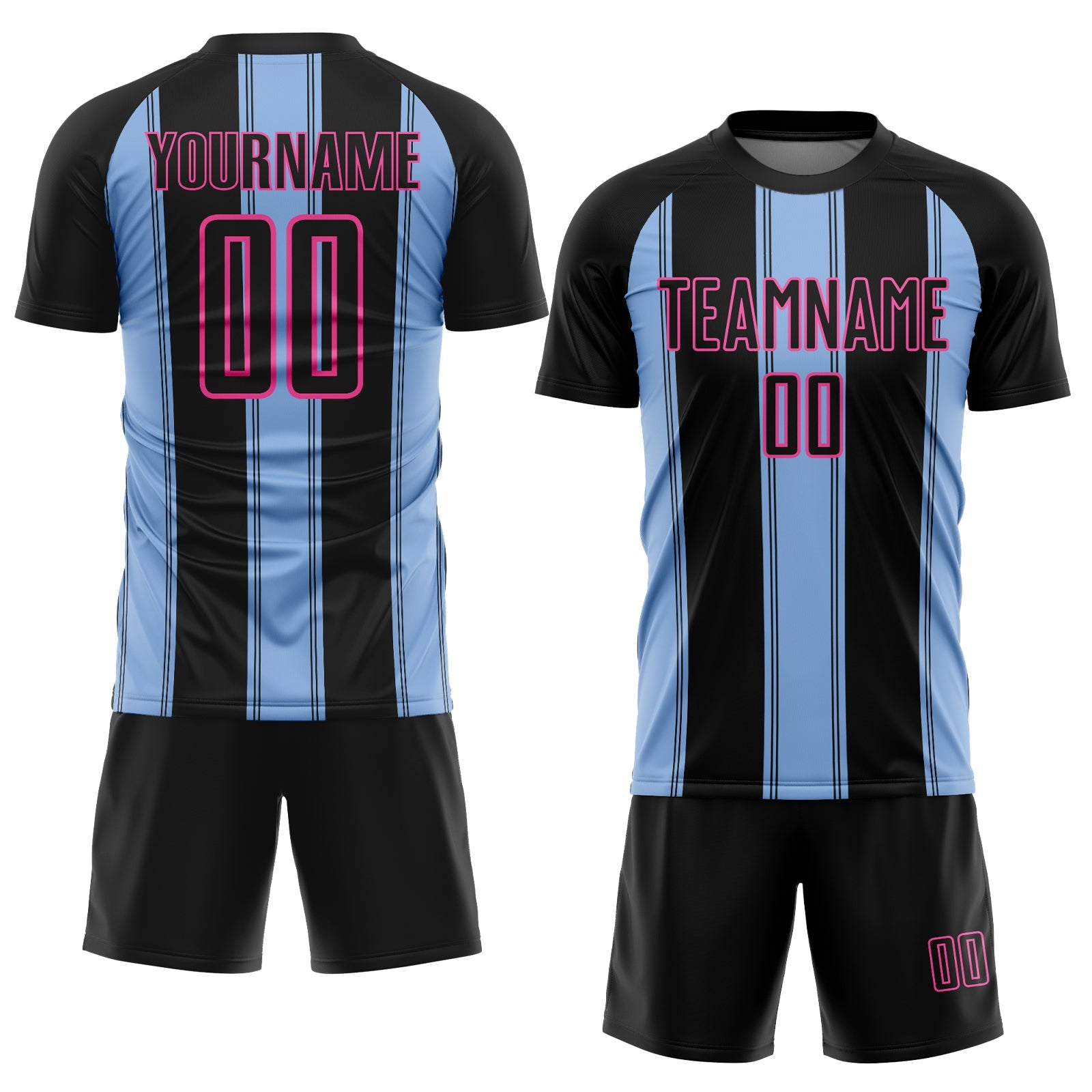 Custom Black Light Blue-Pink Line Sublimation Soccer Uniform Jersey view 2