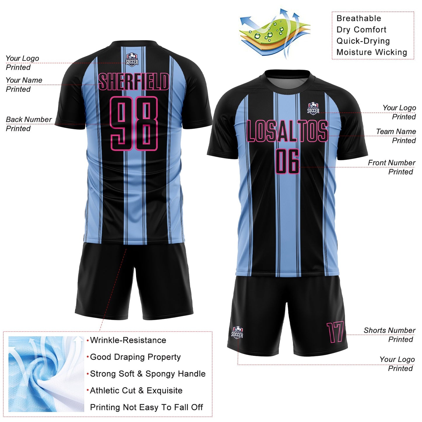 Custom Black Light Blue-Pink Line Sublimation Soccer Uniform Jersey view 4