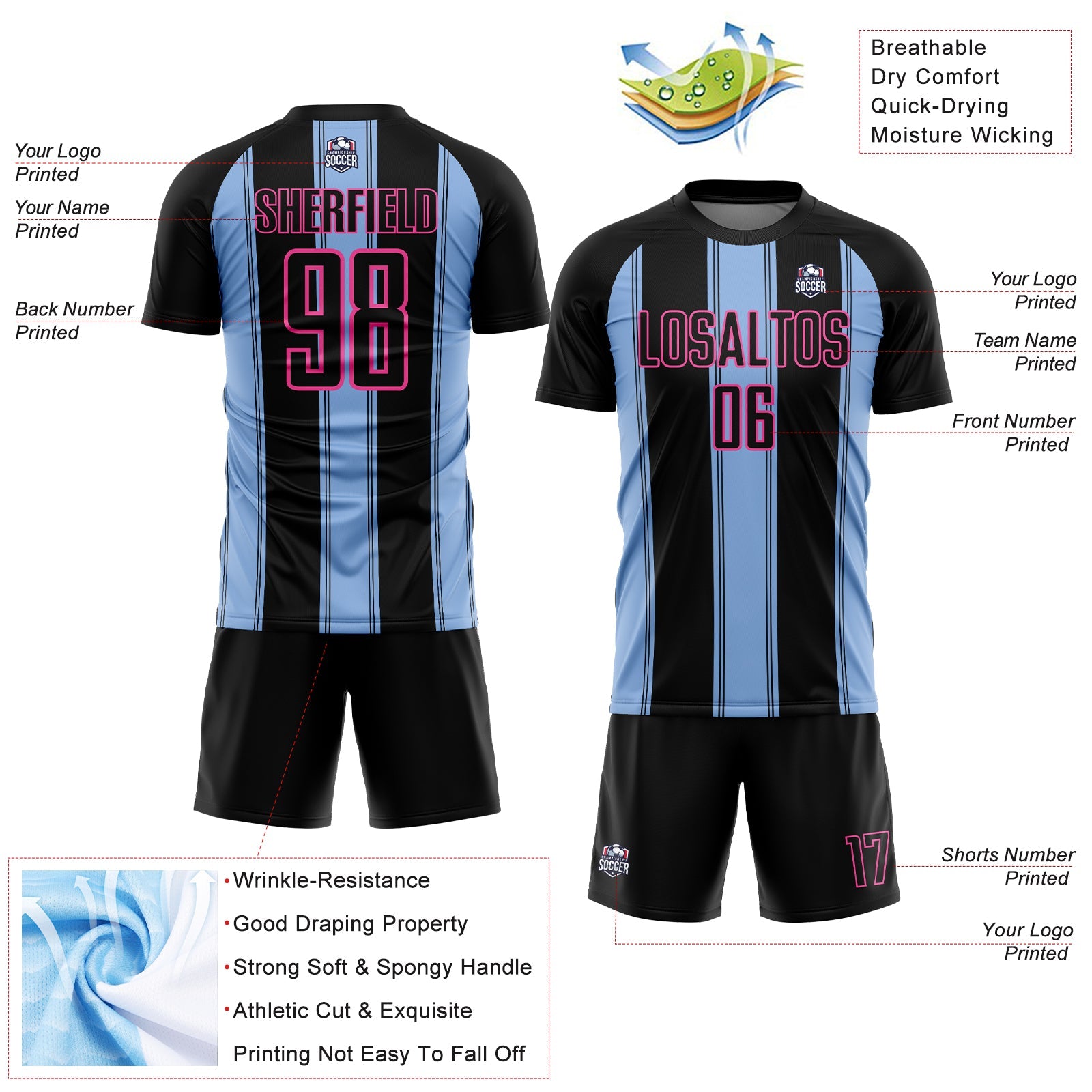 Custom Black Light Blue-Pink Line Sublimation Soccer Uniform Jersey view 4