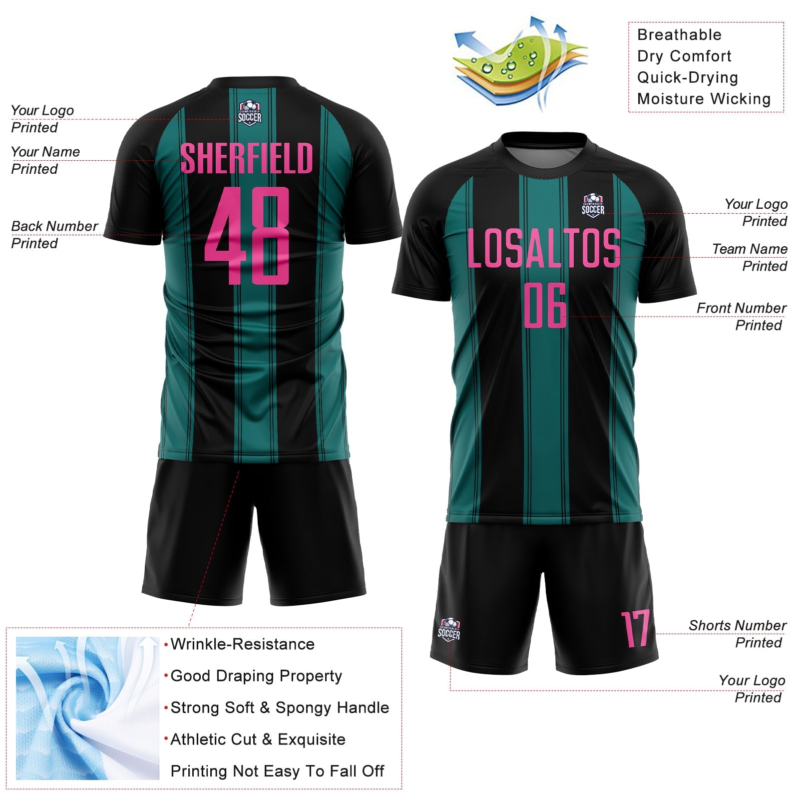 Custom Black Pink-Teal Line Sublimation Soccer Uniform Jersey view 4