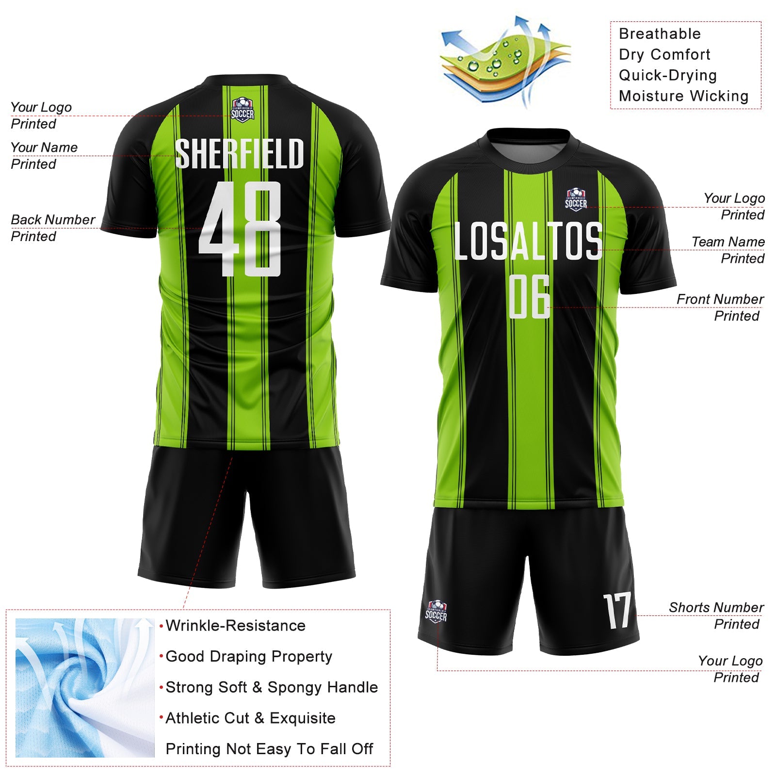 Custom Black White-Neon Green Line Sublimation Soccer Uniform Jersey view 4