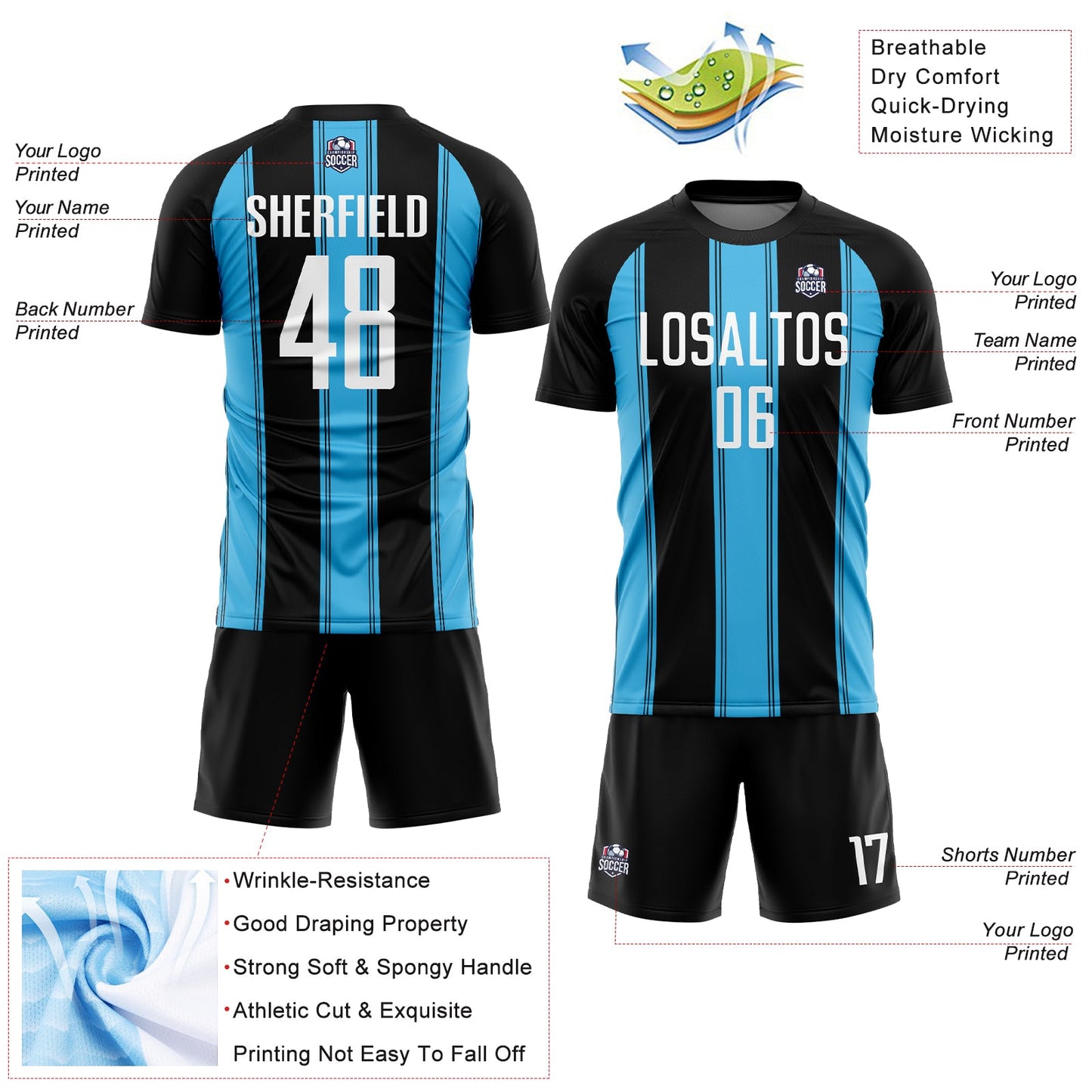 Custom Black White-Sky Blue Line Sublimation Soccer Uniform Jersey view 4