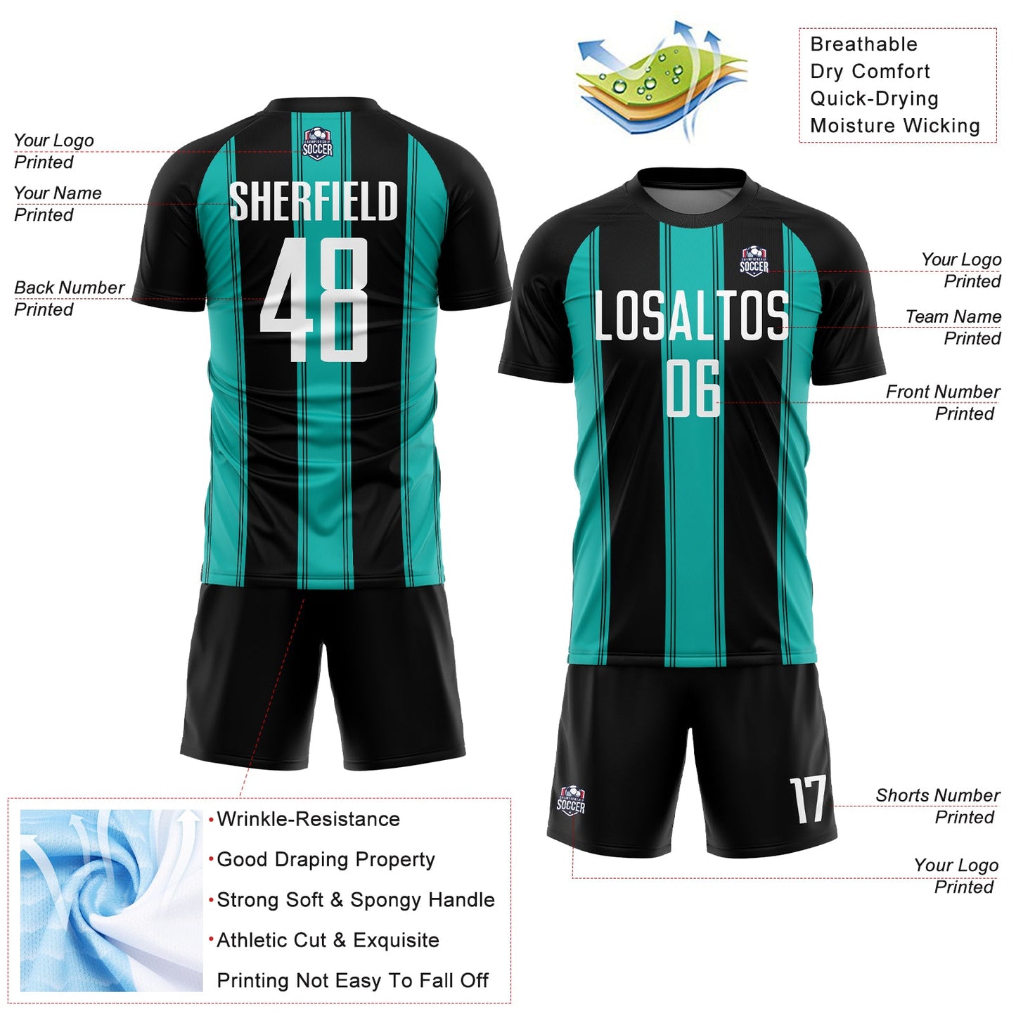 Custom Black White-Aqua Line Sublimation Soccer Uniform Jersey view 4