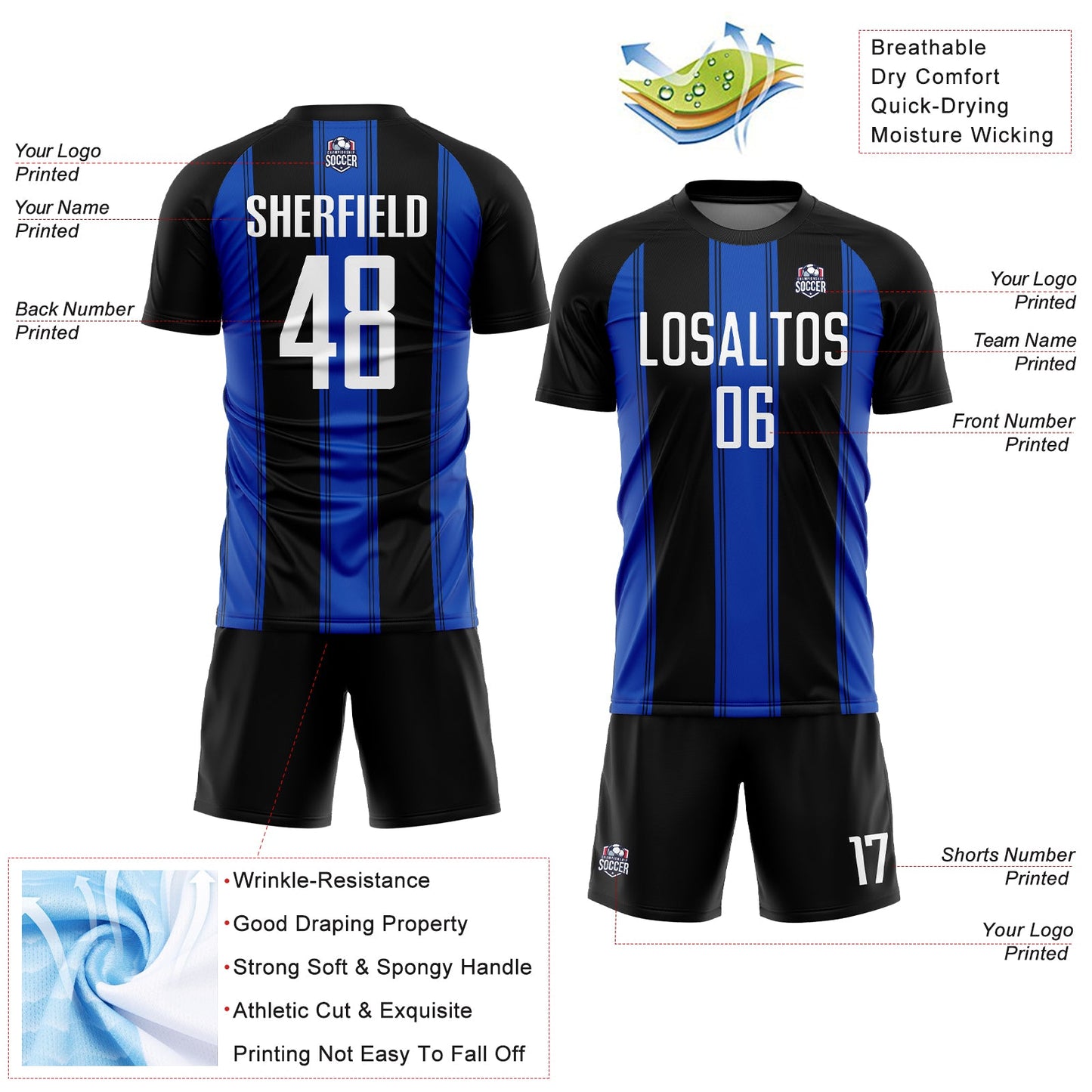 Custom Black White-Thunder Blue Line Sublimation Soccer Uniform Jersey view 4