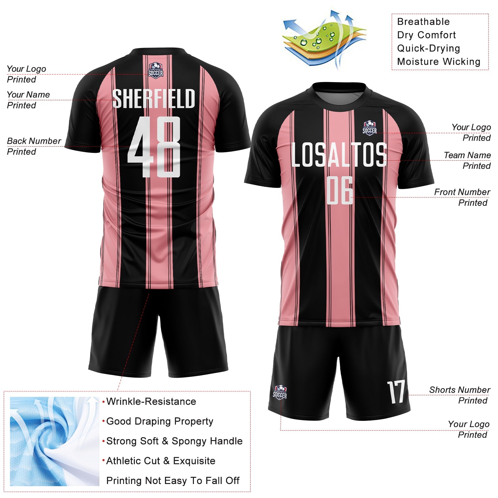 Custom Black White-Medium Pink Line Sublimation Soccer Uniform Jersey view 4