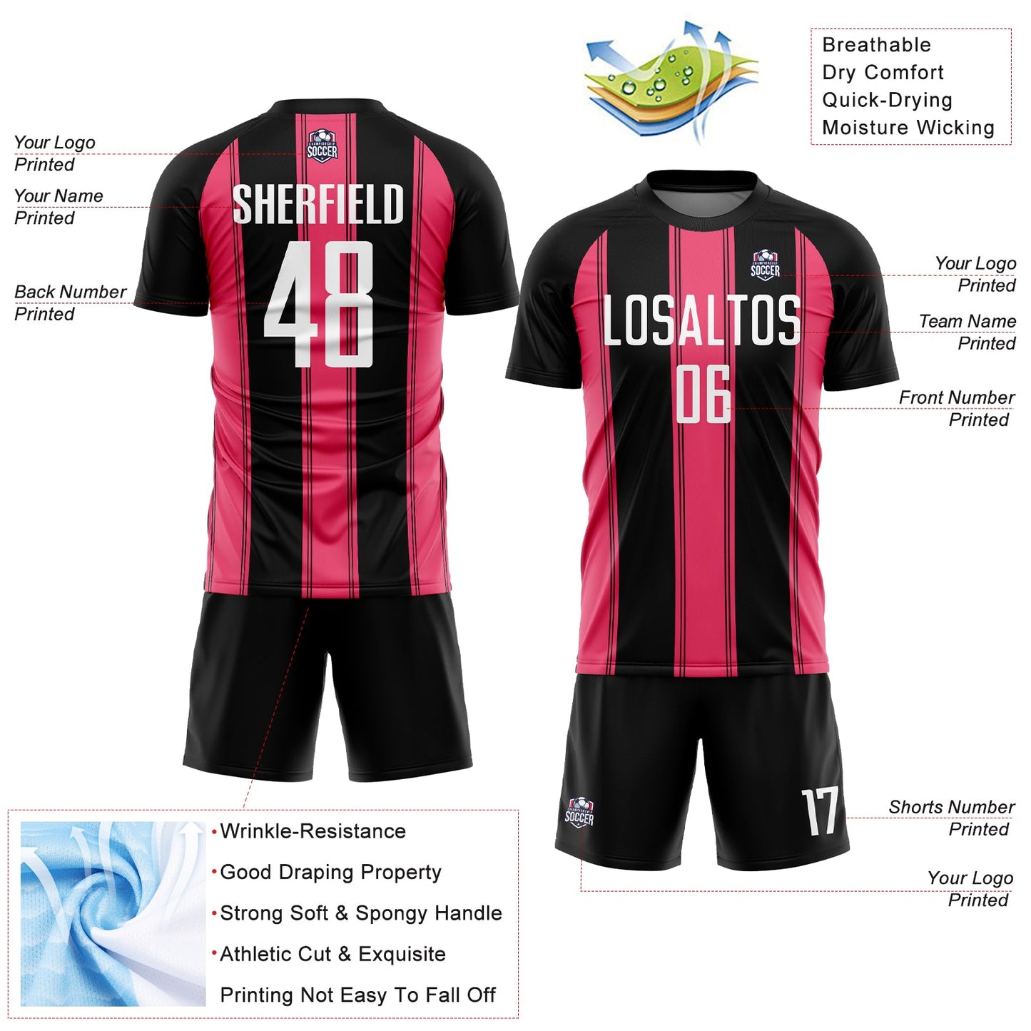 Custom Black White-Neon Pink Line Sublimation Soccer Uniform Jersey view 4