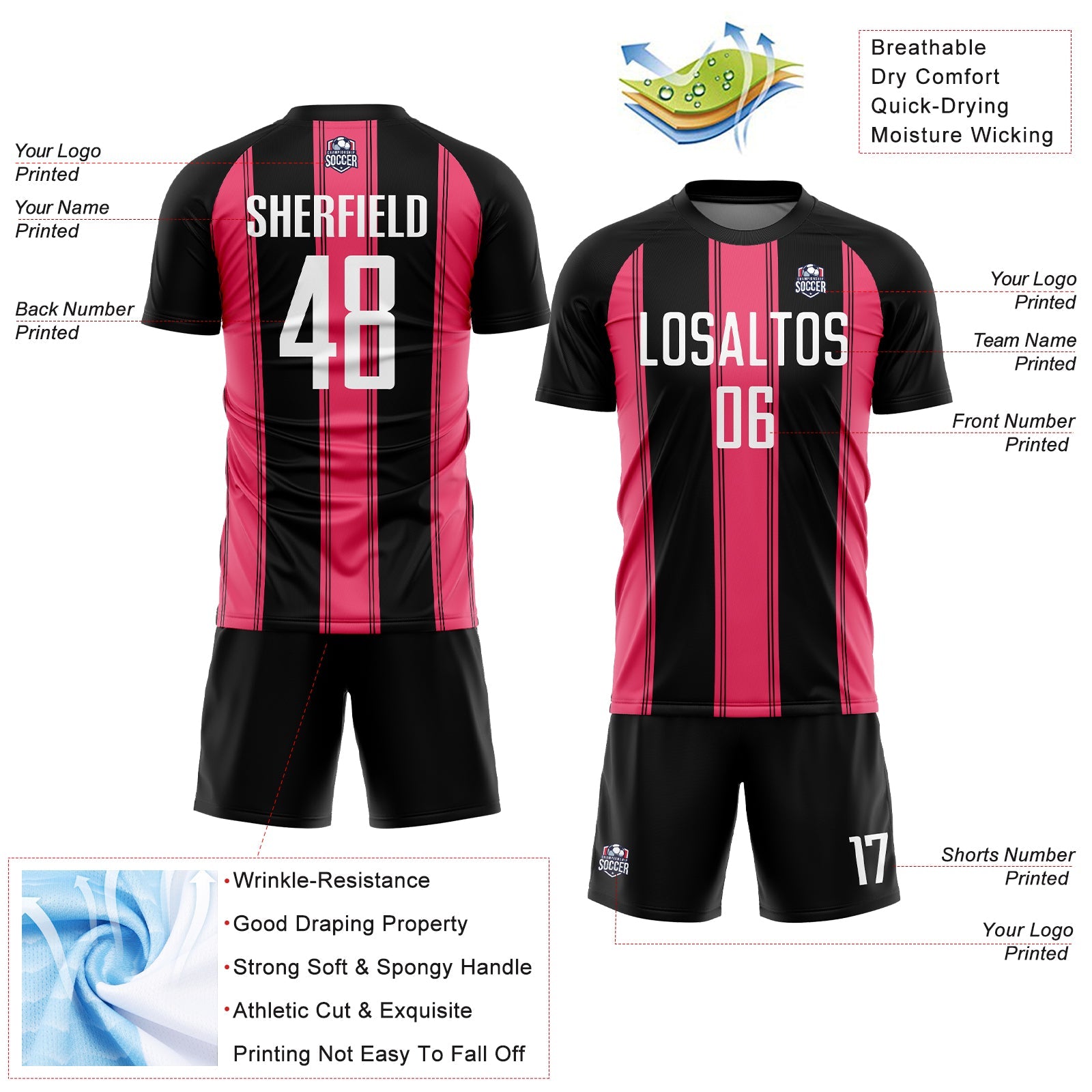 Custom Black White-Neon Pink Line Sublimation Soccer Uniform Jersey view 4