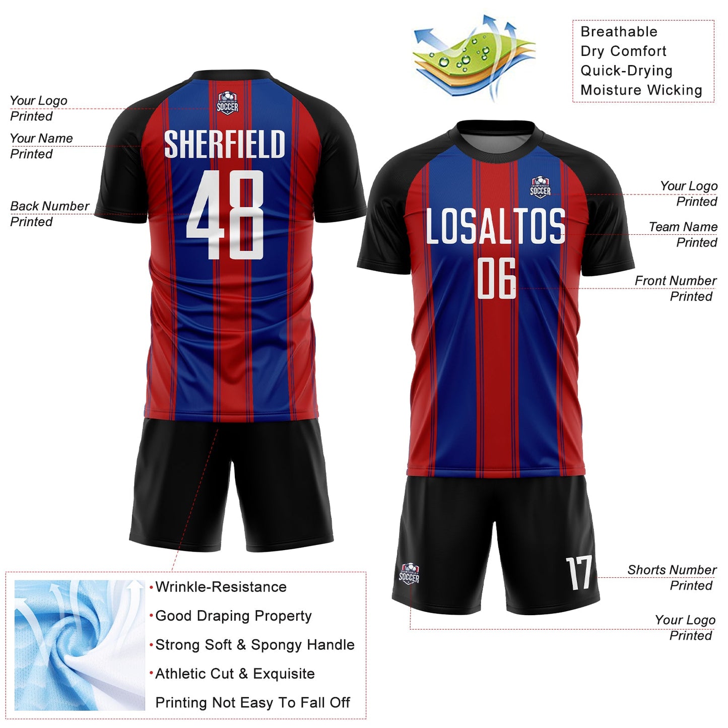 Custom Black White Red-Royal Line Sublimation Soccer Uniform Jersey view 4