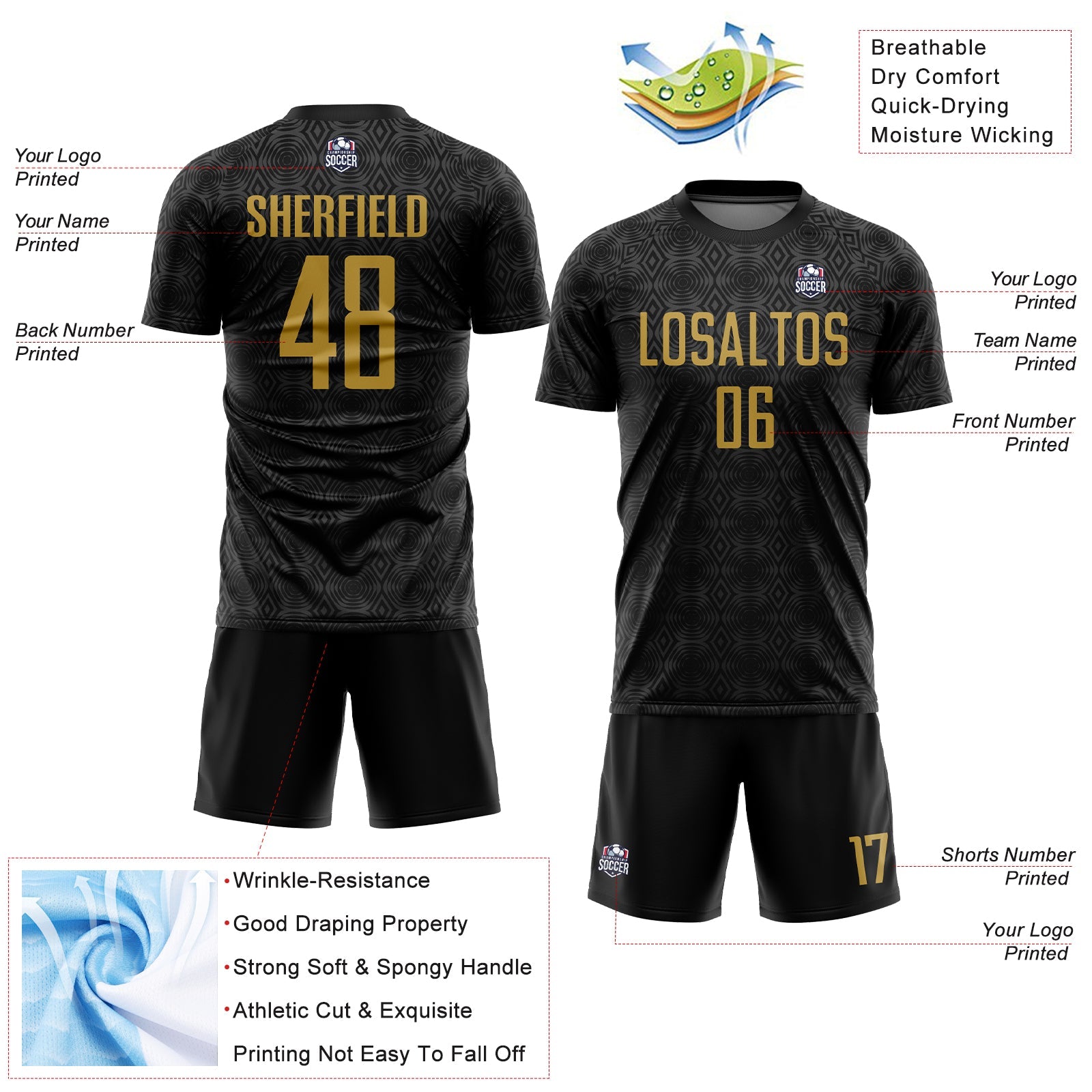 Custom Black Old Gold Geometric Shapes Sublimation Soccer Uniform Jersey view 4