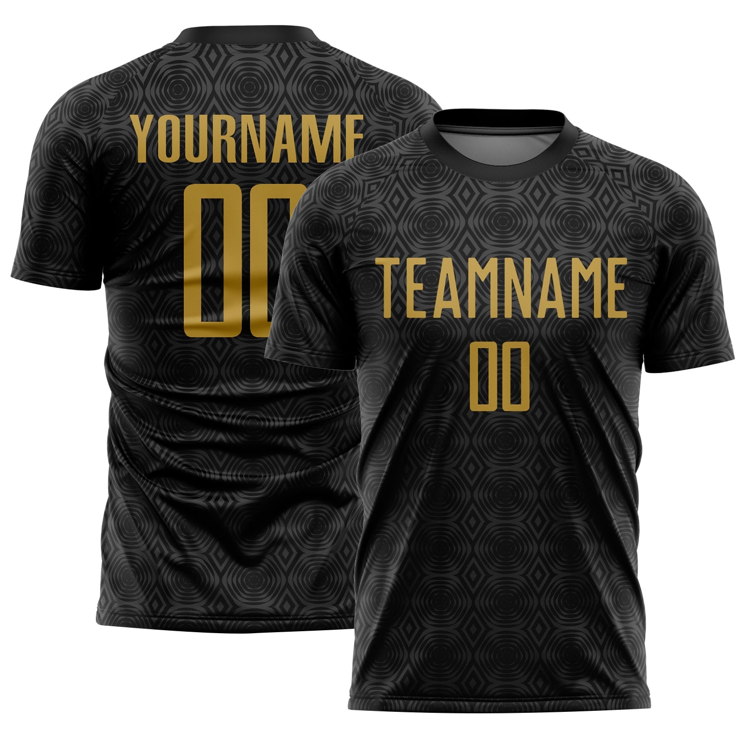 Custom Black Old Gold Geometric Shapes Sublimation Soccer Uniform Jersey - Main View
