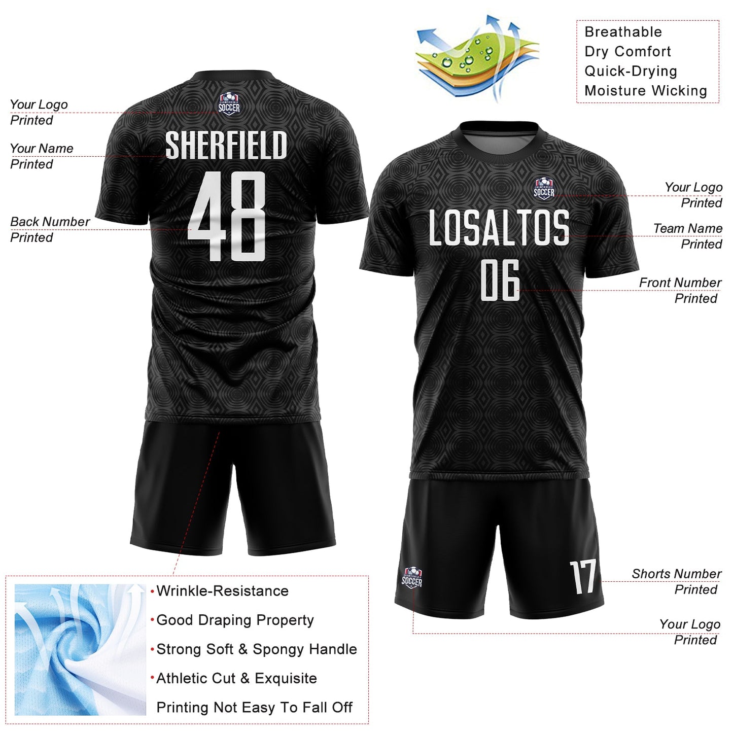 Custom Black White Geometric Shapes Sublimation Soccer Uniform Jersey view 4