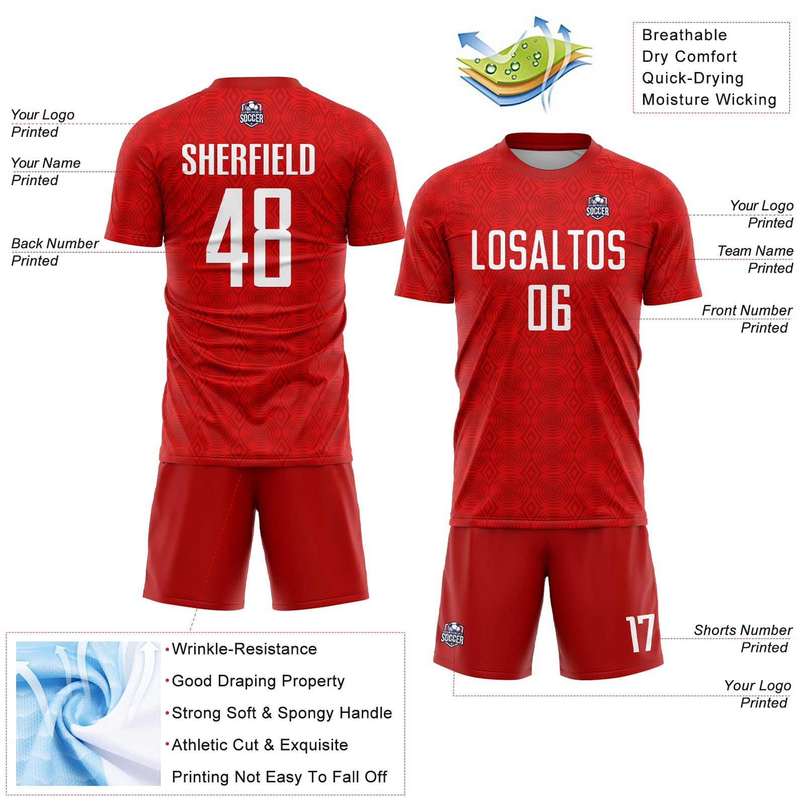 Custom Red White Geometric Shapes Sublimation Soccer Uniform Jersey view 4